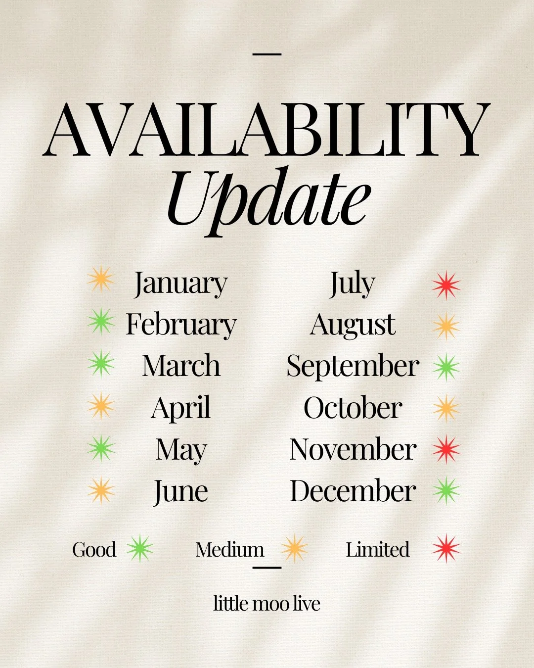 ✨Availability Update✨
Here's how the year is looking so far! I still have good availability for February, March, May, September and December. The rest of this month, April, June, August and October are filling up fast, and July and November are looki