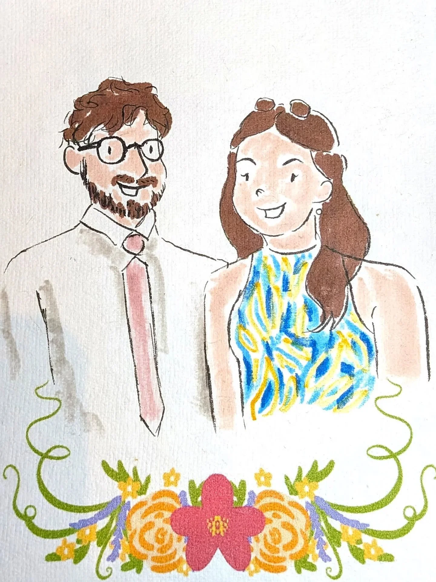 First few from Kris and Sally's wedding on Saturday! I've said it before and I'll say it again - I love it when people wear bright patterns to a wedding! They're so much fun to draw, and they looked so good with the bright florals on the paper 😍 

2