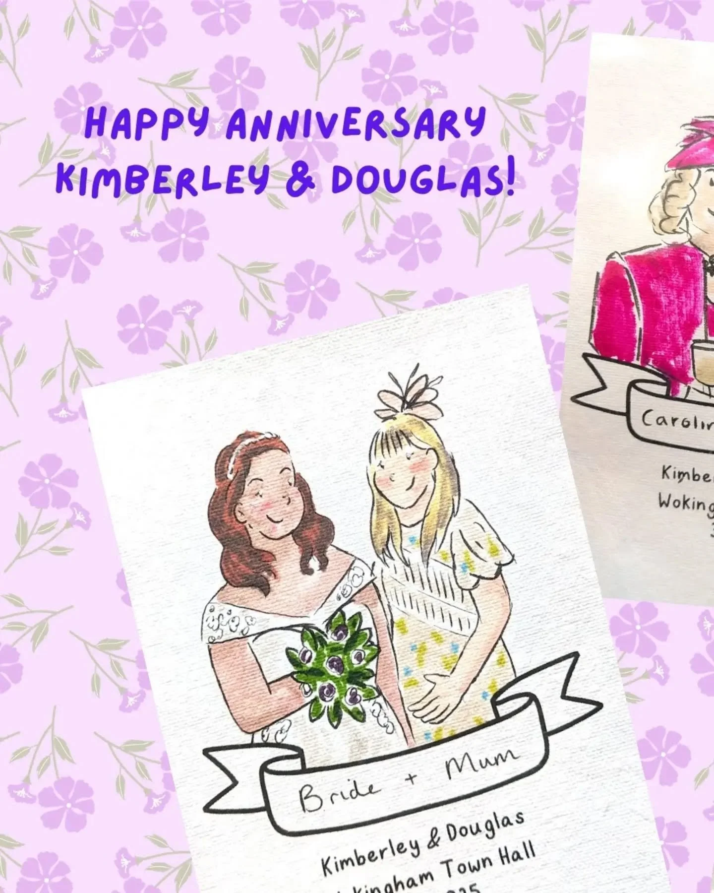 Happy first anniversary to Kimberley &amp; Douglas! One year ago today I illustrated my first wedding at Wokingham Town Hall - traffic was horrendous on the way there, and I spent most of the drive on the phone to my fianc&eacute; riddled with anxiet