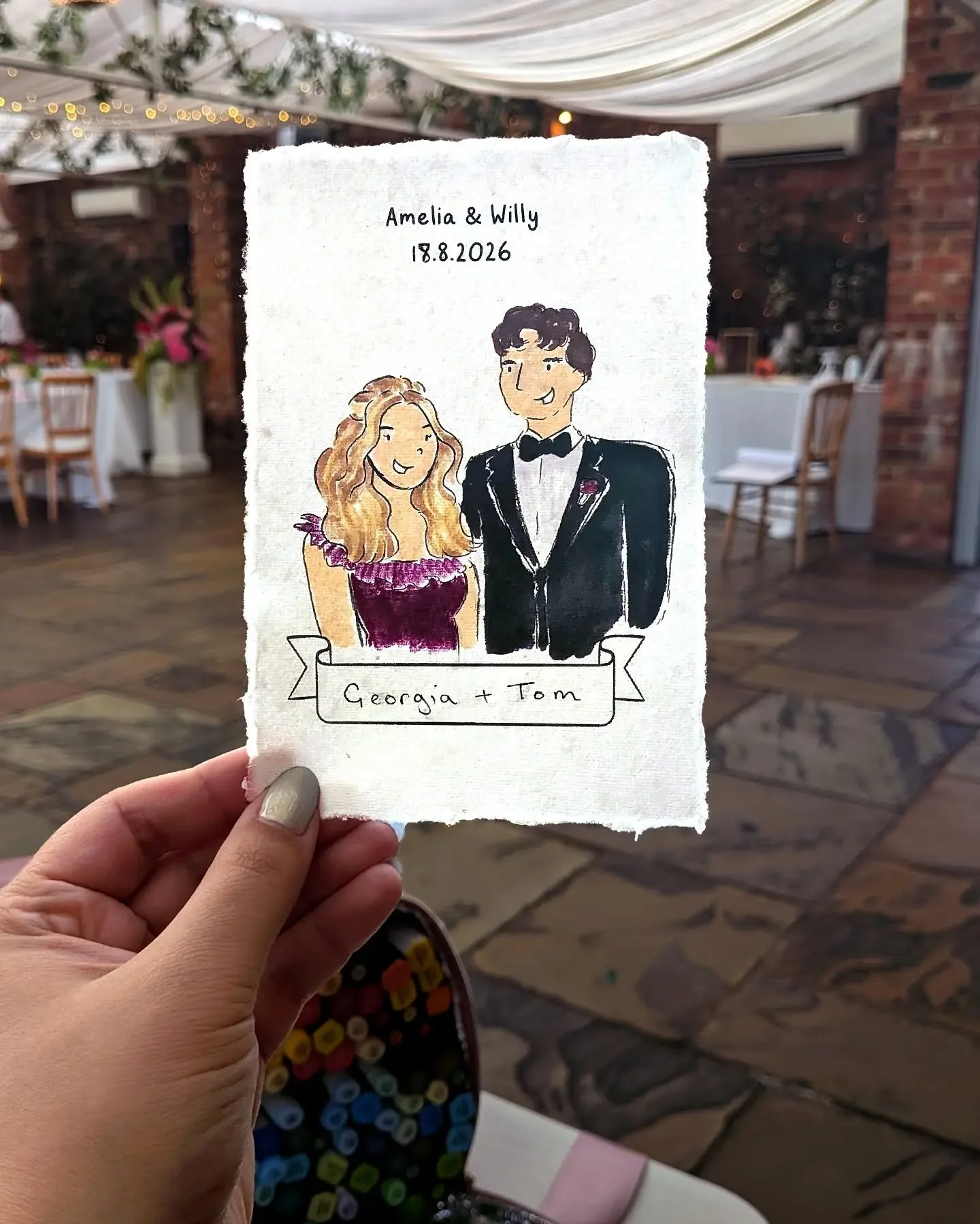 Another illustration from Amelia &amp; Will's wedding! @northbrook.park was such a gorgeous setting for their day - the wedding breakfast was held in this gorgeous brick walled room covered with drapes, fairy lights and foliage (plus the INCREDIBLE f