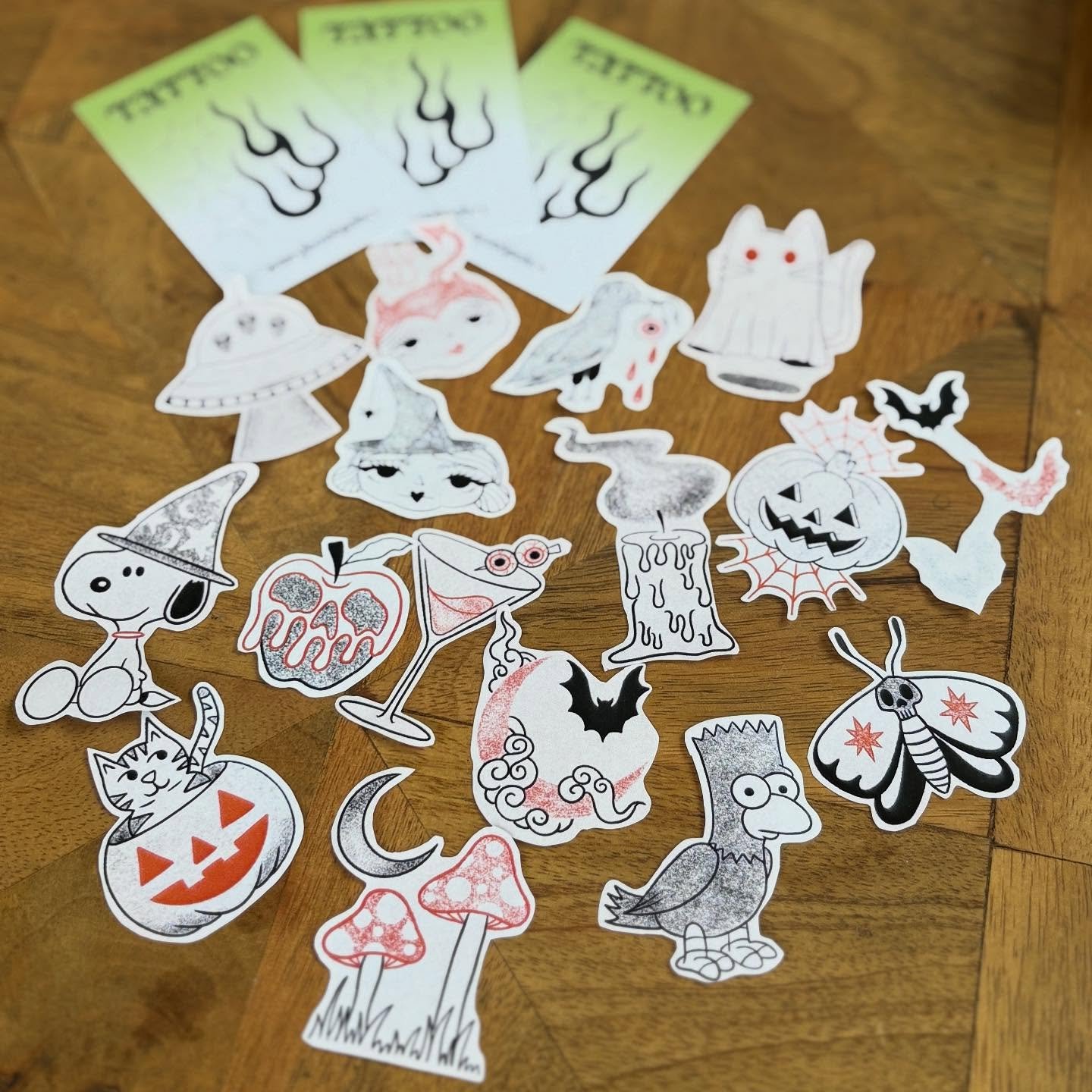 A closer look at Halloween flash available- 
1 - &pound;60, 2- &pound;100, 3- &pound;160 

Available at a set size and in black or with red ink as shown. Space available on Friday 31st October, direct message or email to get yours! @supertouchtattoop