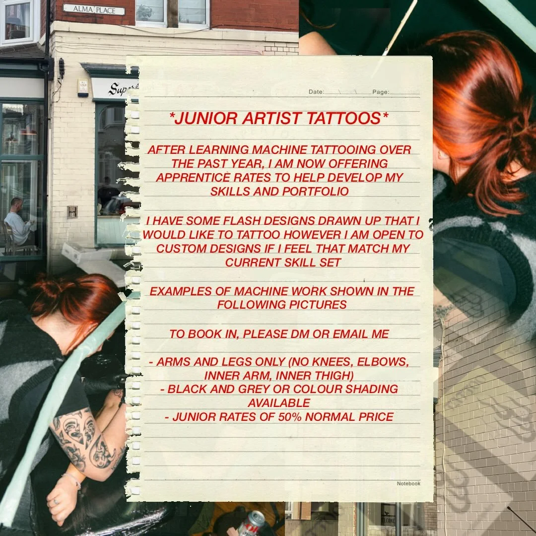 BIG NEWS!!! 

As I continue with my machine tattooing journey, I am now taking on bookings at a 50% off rate which will help develop my growing skills &amp; portfolio

I am very excited for this next step &amp; want to say a big thanks to @chrisdevin