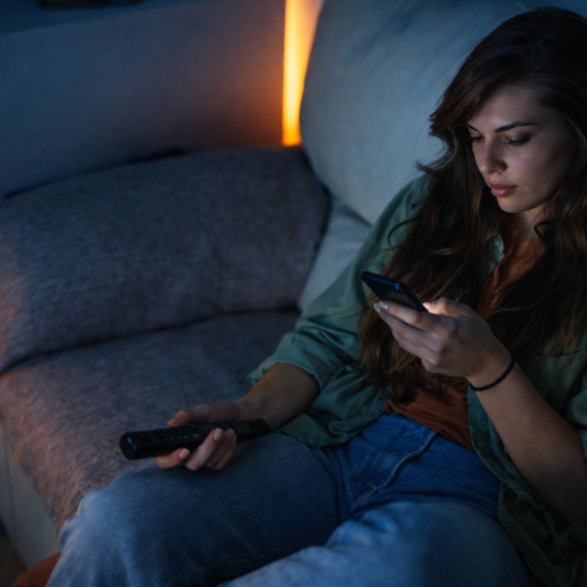 Sensory rest - Woman sitting on a couch using her phone, with a remote control in her hand, in a dimly lit room.