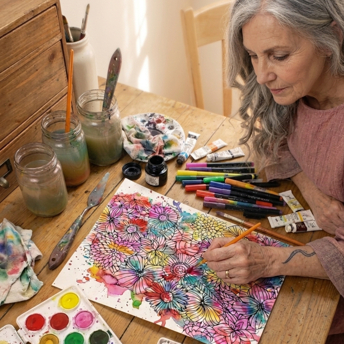 Creative rest - An stylish woman with grey hair is painting a colorful floral watercolor artwork on paper, surrounded by jars of water, paints, brushes, and markers on a wooden table.