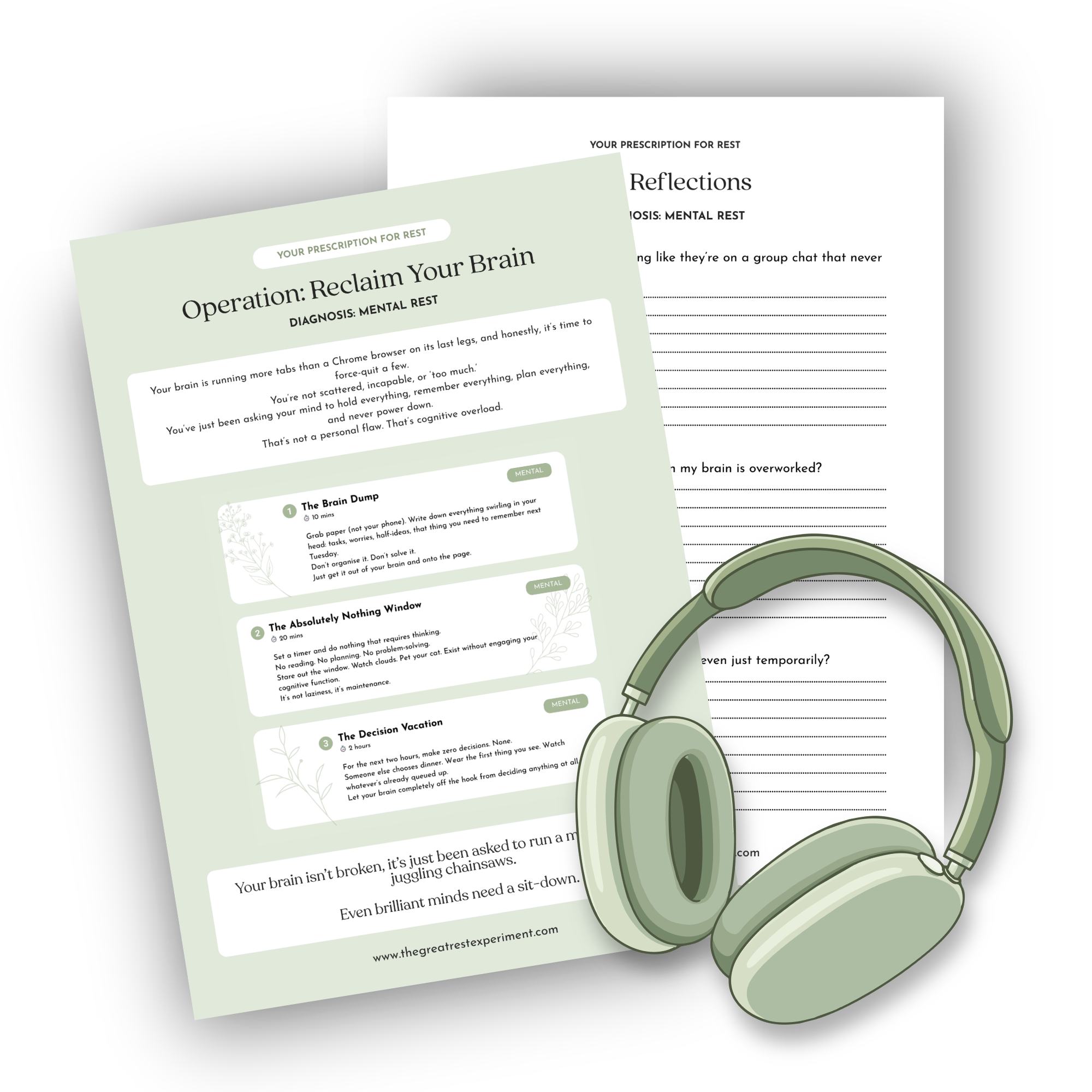 Mental rest - Educational printout titled 'Operation: Reclaim Your Brain' with exercises for mental rest, accompanied by a pair of green headphones and a second sheet of paper behind it.