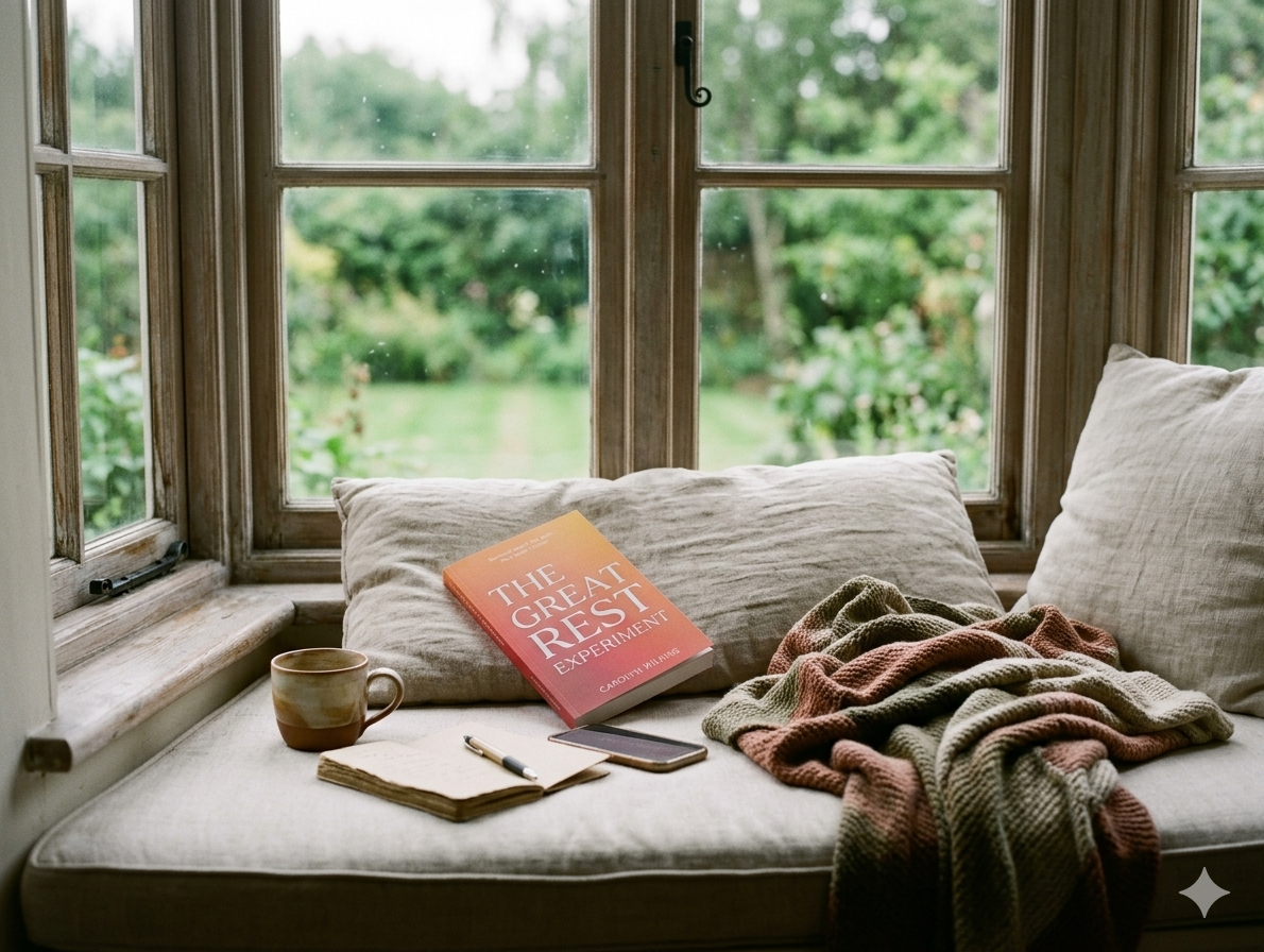 Cozy window seat with pillows, a book titled 'The Great Rest Experiment,' a mug, a notebook, a pen, a smartphone, and a colorful blanket, overlooking a green garden outside.