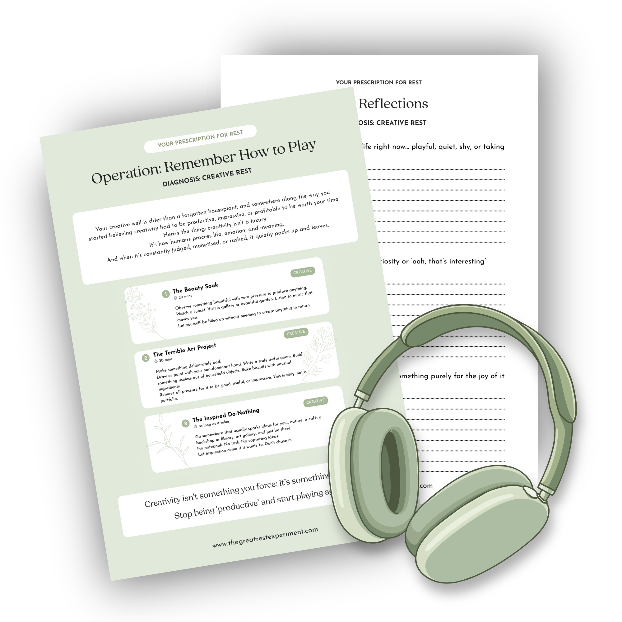 Creative rest - A set of light green headphones resting on two sheets of paper with creative rest exercises and reflections, on a clear background.