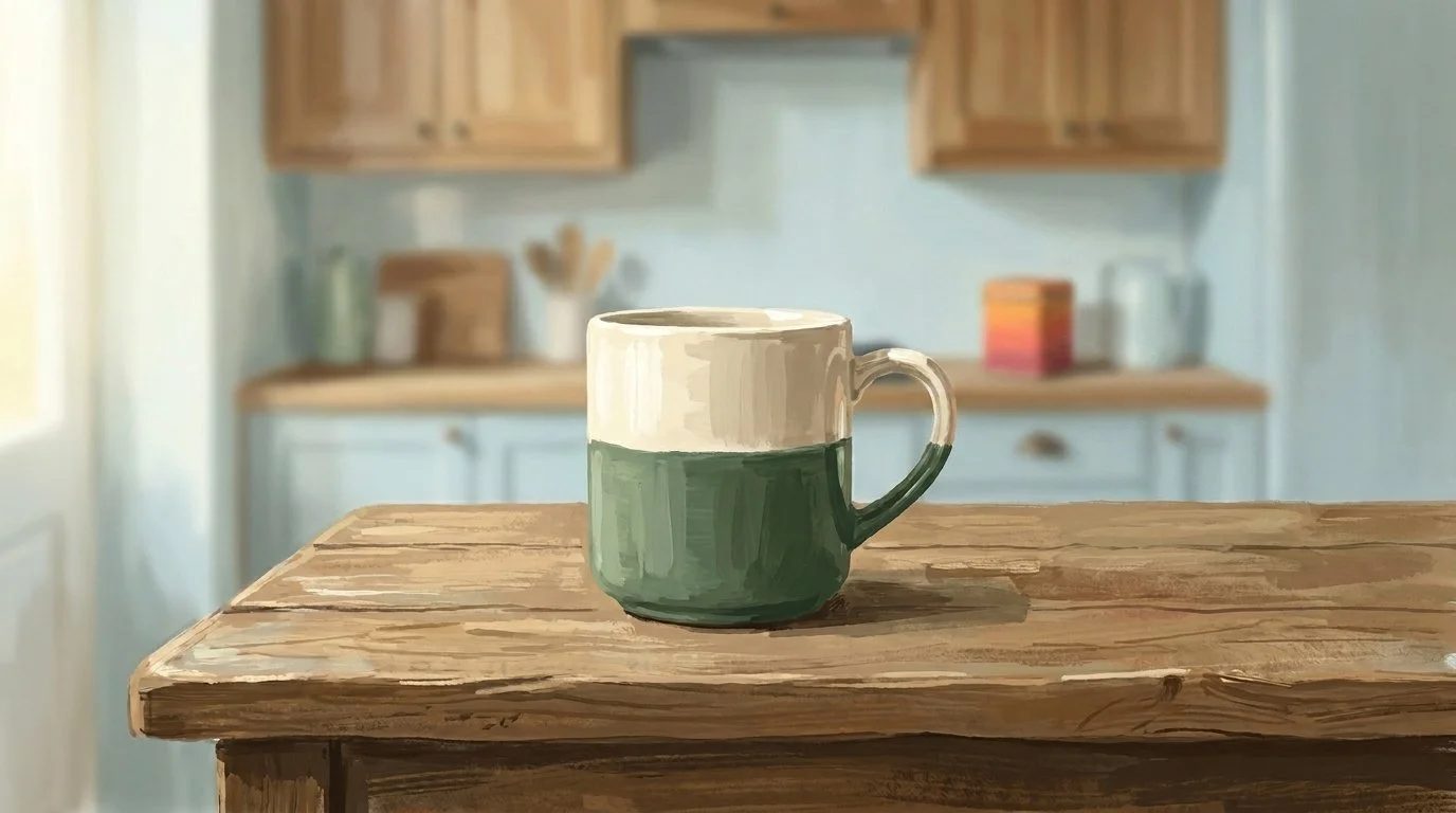 the great rest experiment quiz - something new is brewing. A two toned coffee cup on a wooden kitchen table.