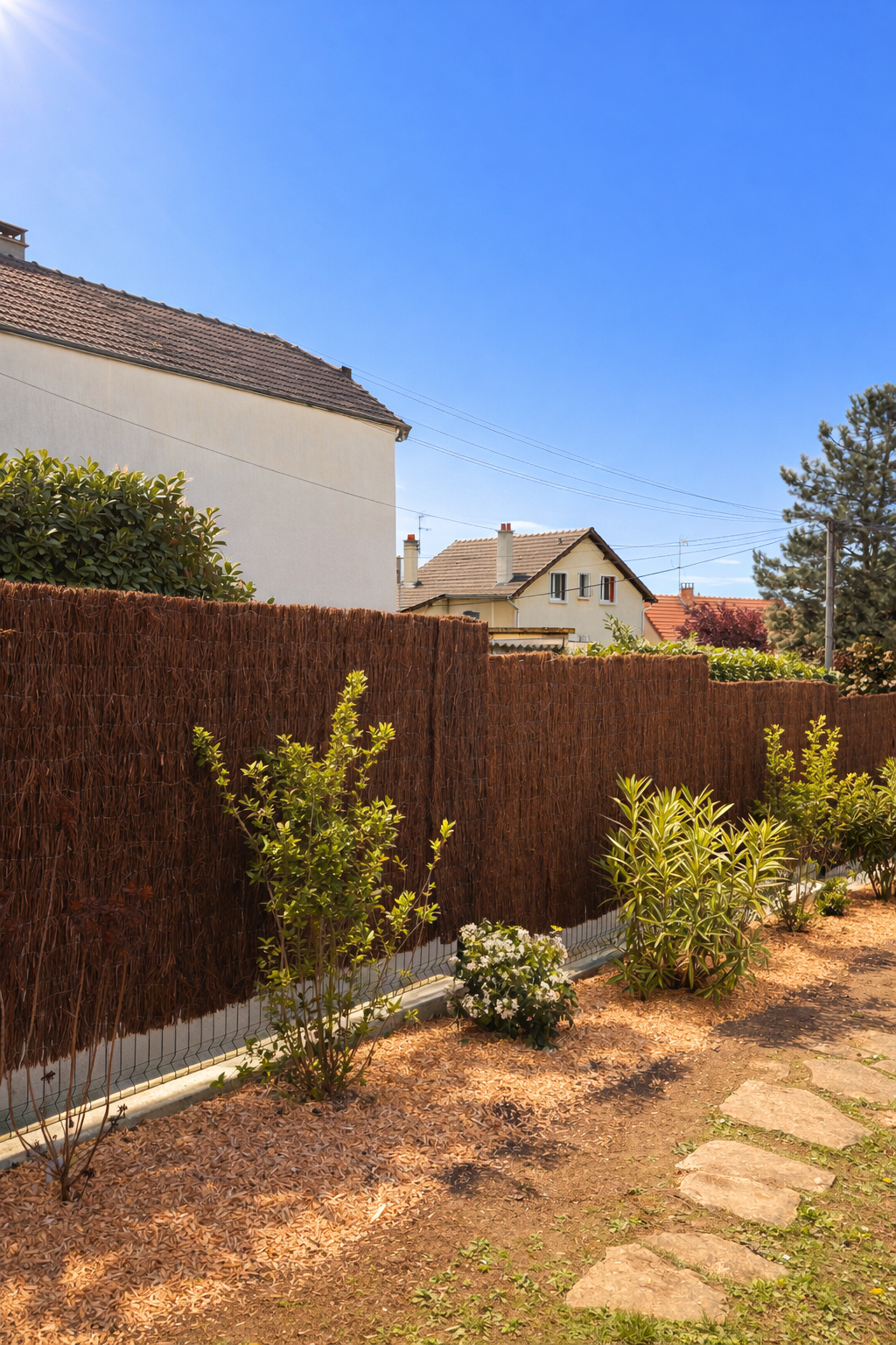 Jardin avec haie en grillage, plantes et fleurs, chemin en pierres, maisons en arrière-plan sous ciel bleu.