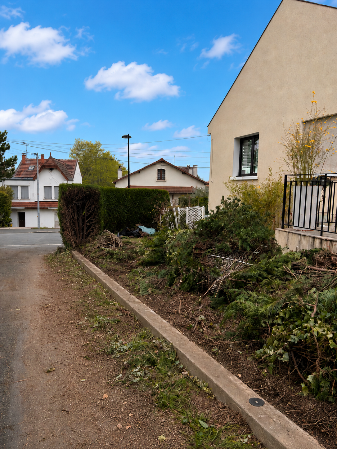 Une personne effectuant des travaux de jardinage ou d'aménagement urbain, installant ou réparant un éclairage au bord du trottoir, avec des plantes et des branches en attente.