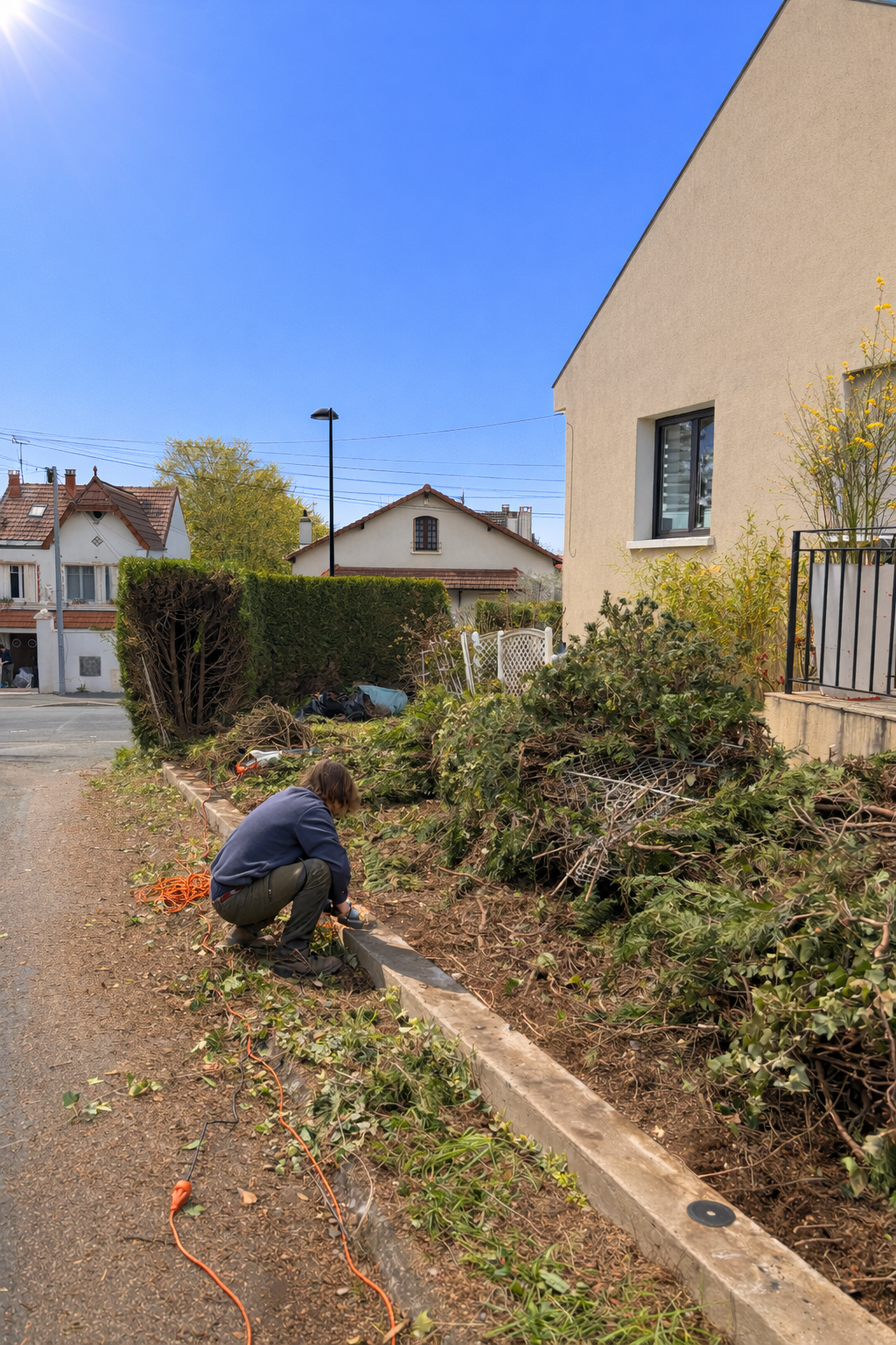 Une personne effectuant des travaux de jardinage ou d'aménagement urbain, installant ou réparant un éclairage au bord du trottoir, avec des plantes et des branches en attente.