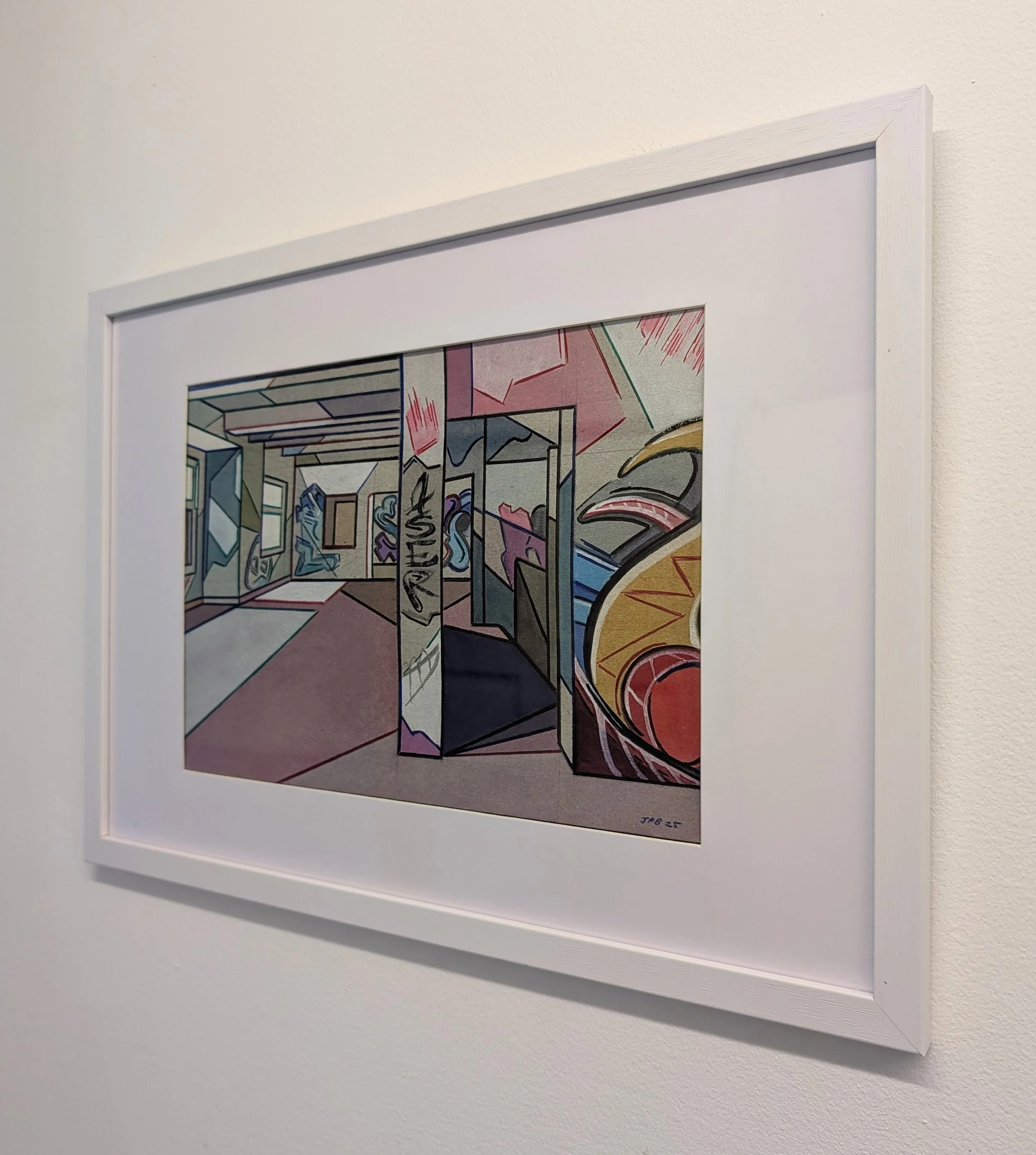 CARDBOARD OBSERVER BUILDING NO. 03 - 2025 - Watercolour and biro on cardboard - Painting size H: 21cm X W: 30cm - Frame size H: 30cm X 42cm - £200