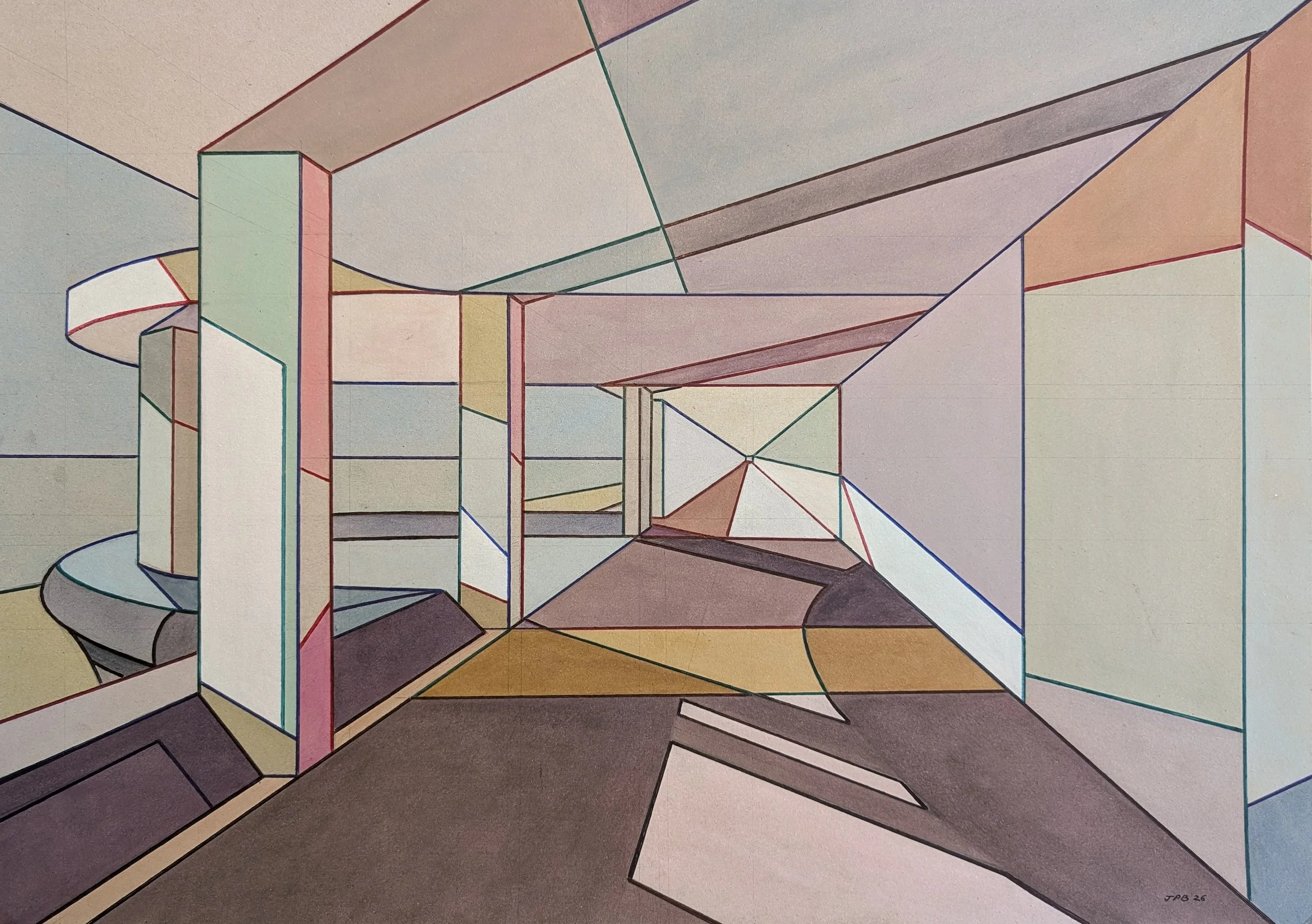 CARDBOARD BOTTLE ALLEY NO. 15 - 2026 - Watercolour and biro on cardboard - Painting H: 42cm X W: 60cm (Framed size - H: 60cm X W: 84cm) - Available for private sale - £850 - Click image for enquiry
