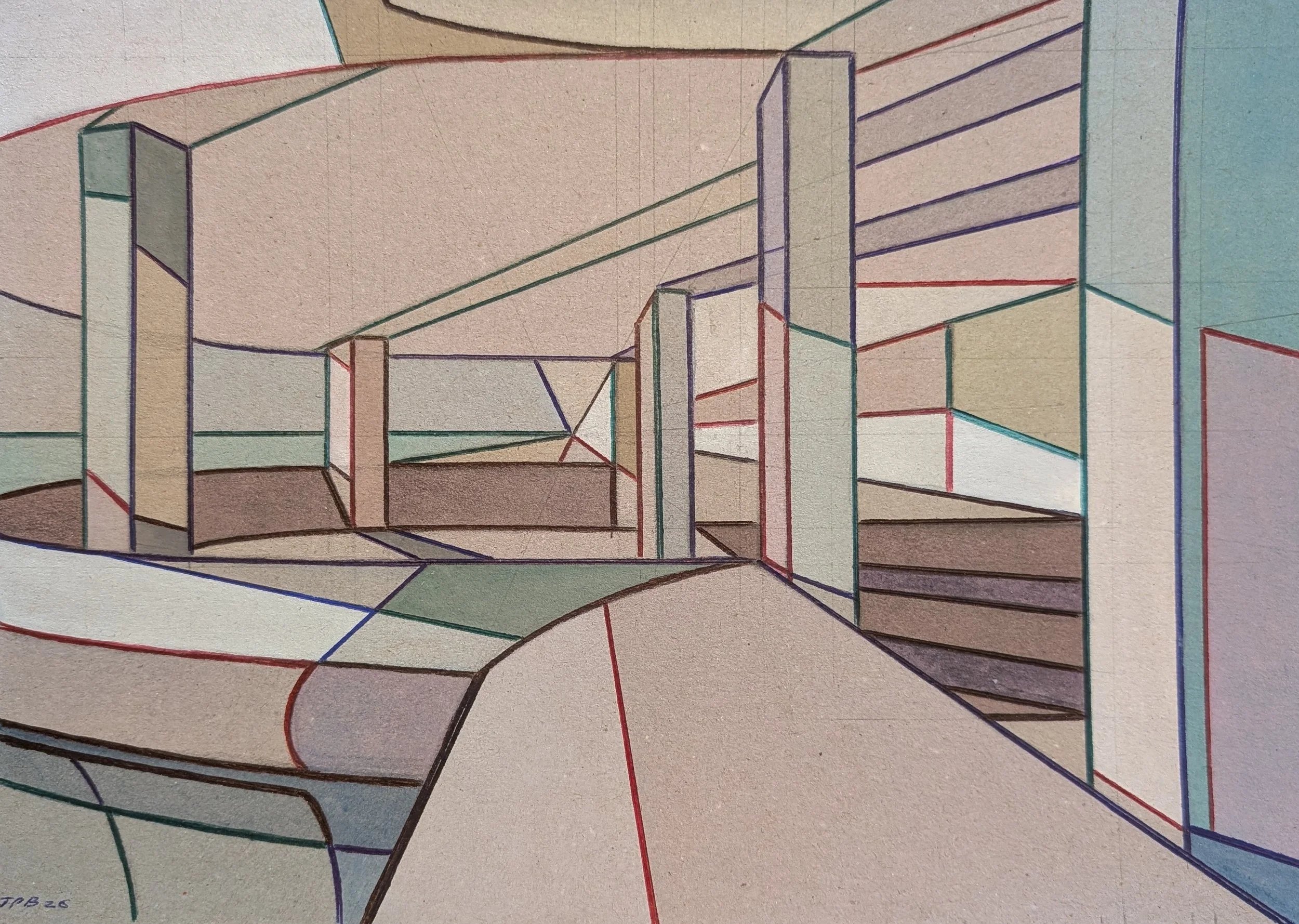 CARDBOARD BOTTLE ALLEY NO. 09 - 2026 - Watercolour and biro on cardboard - Painting H: 21cm X W: 30cm (Framed size - H: 30cm X W: 42cm) - SOLD