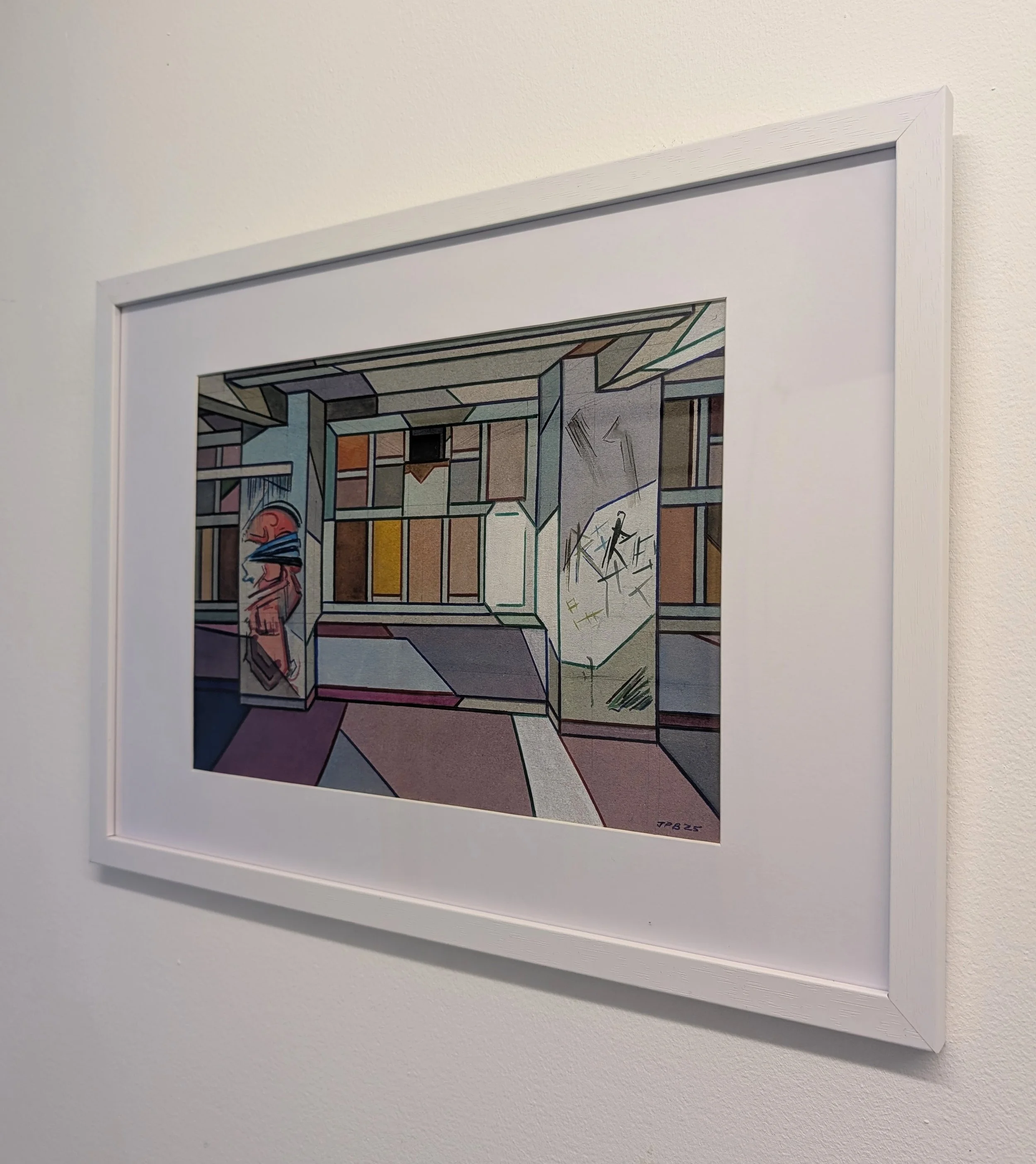 CARDBOARD OBSERVER BUILDING NO. 02 - 2025 - Watercolour and biro on cardboard - Painting size H: 21cm X W: 30cm - Frame size H: 30cm X 42cm - £200