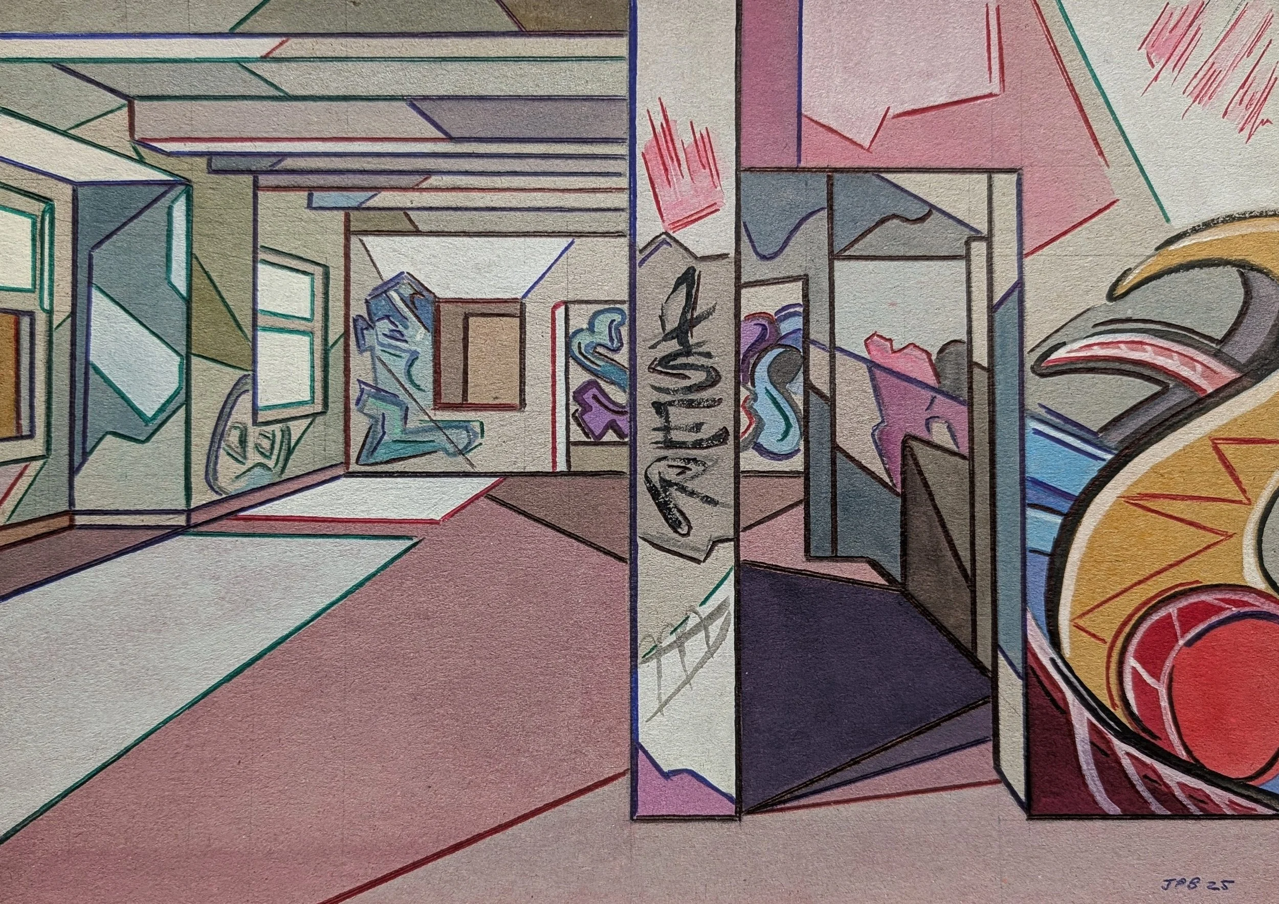 CARDBOARD OBSERVER BUILDING NO. 03 - 2025 - Watercolour and biro on cardboard - Painting H: 21cm X W: 30cm (Framed size - H: 30cm X W: 42cm) - £200