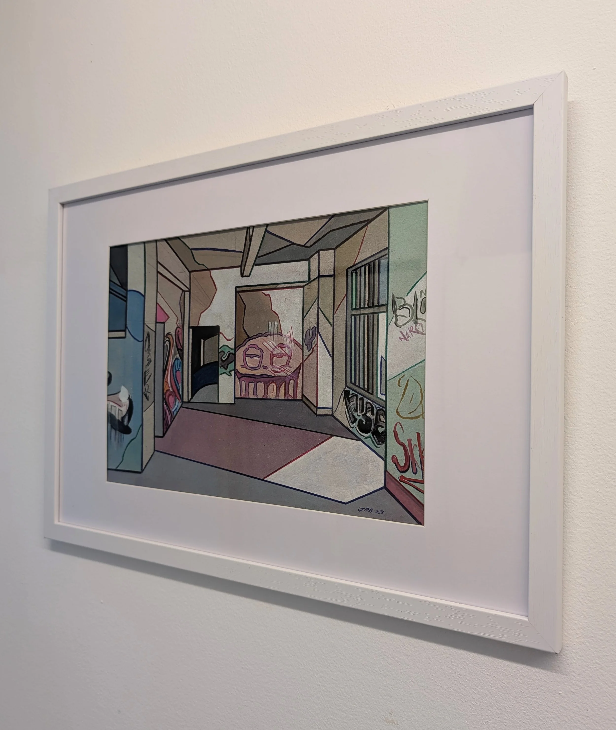 CARDBOARD OBSERVER BUILDING NO. 01 - 2025 - Watercolour and biro on cardboard - Painting size H: 21cm X W: 30cm - Frame size H: 30cm X 42cm - £200