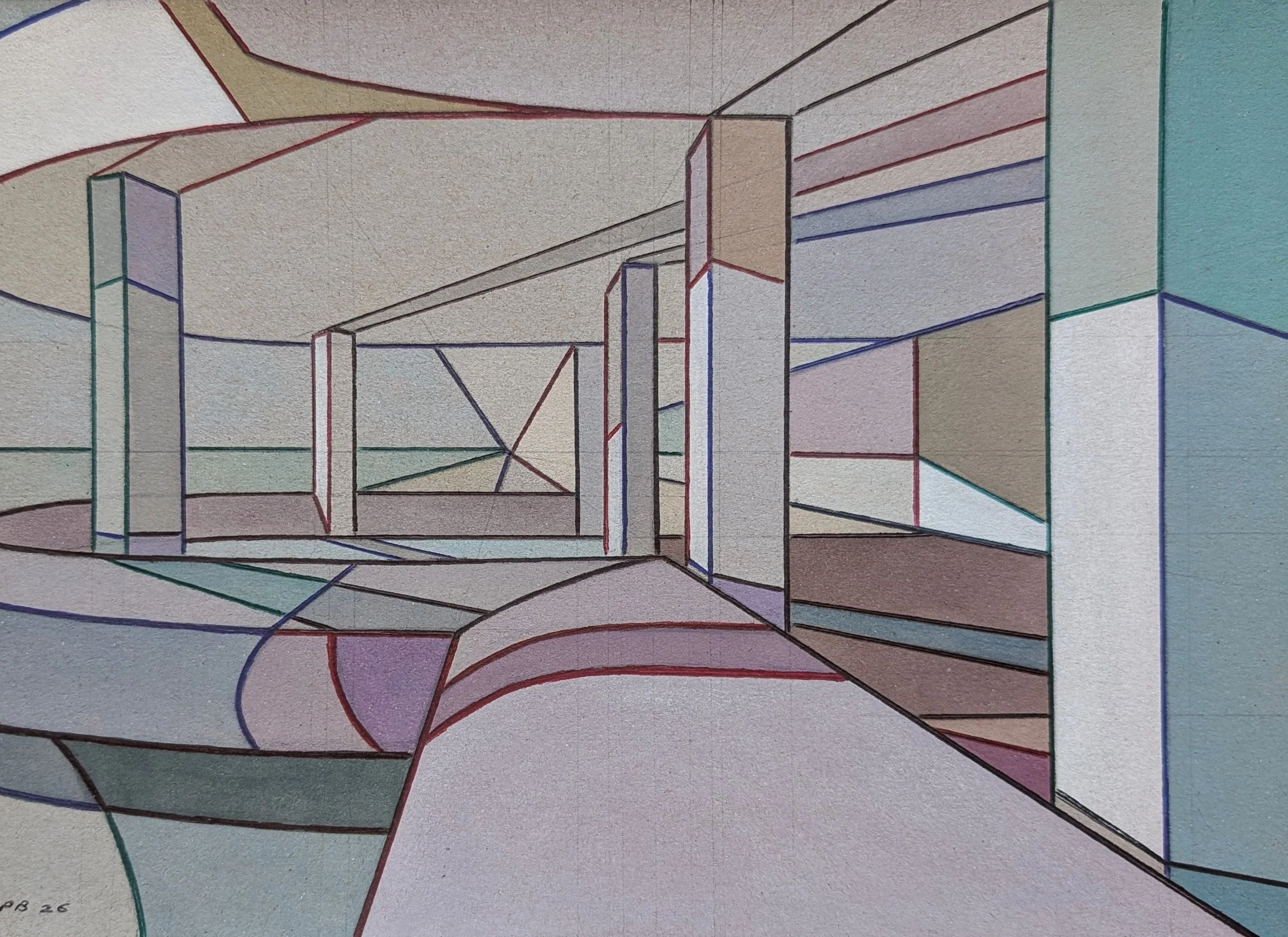 CARDBOARD BOTTLE ALLEY NO. 12 - 2026 - Watercolour and biro on cardboard - Painting H: 21cm X W: 30cm (Framed size - H: 30cm X W: 42cm) - Available through atsea.studio - £295 - Click image for enquiry