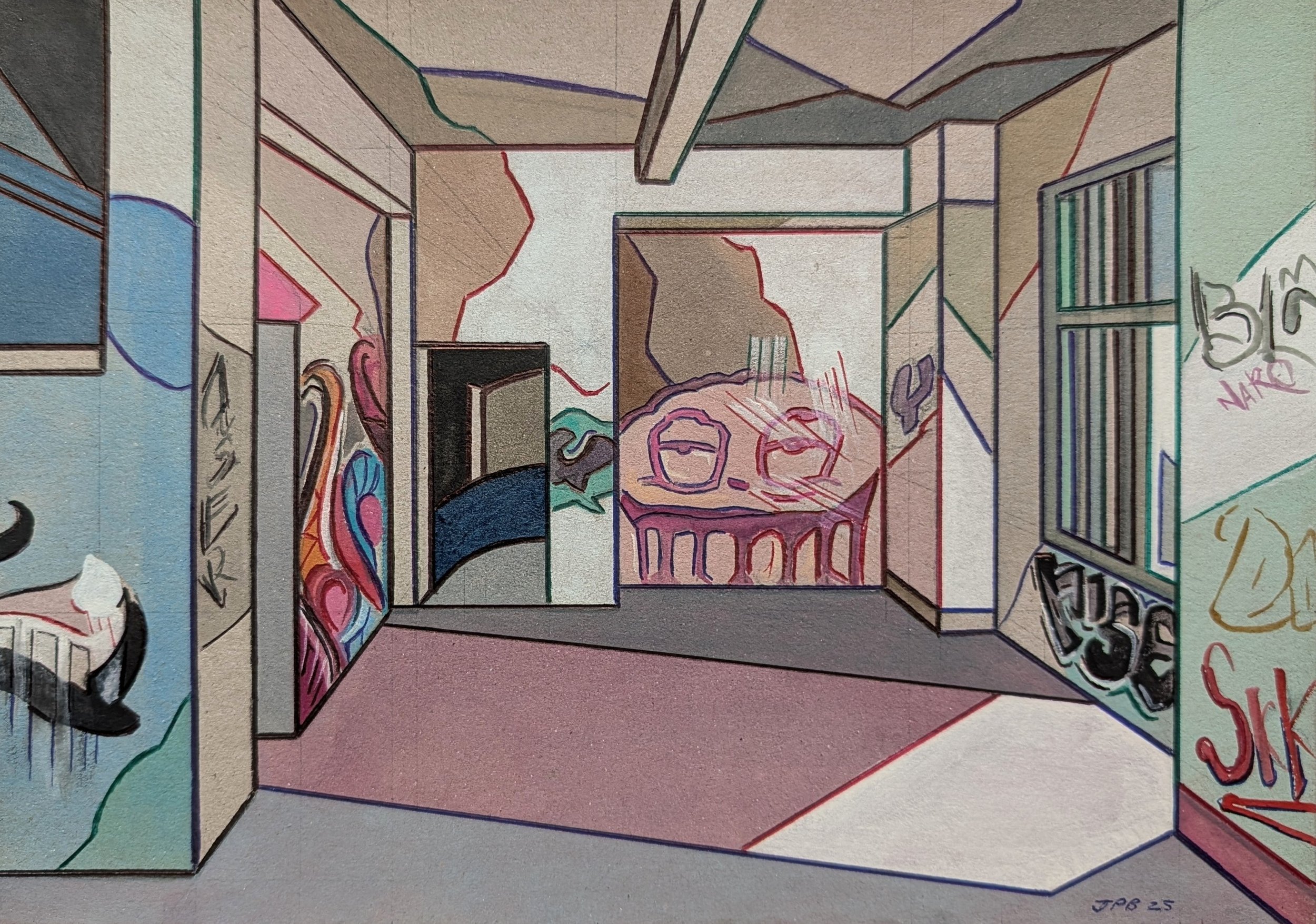 CARDBOARD OBSERVER BUILDING NO. 01 - 2025 - Watercolour and biro on cardboard - Painting H: 21cm X W: 30cm (Framed size - H: 30cm X W: 42cm) - £200