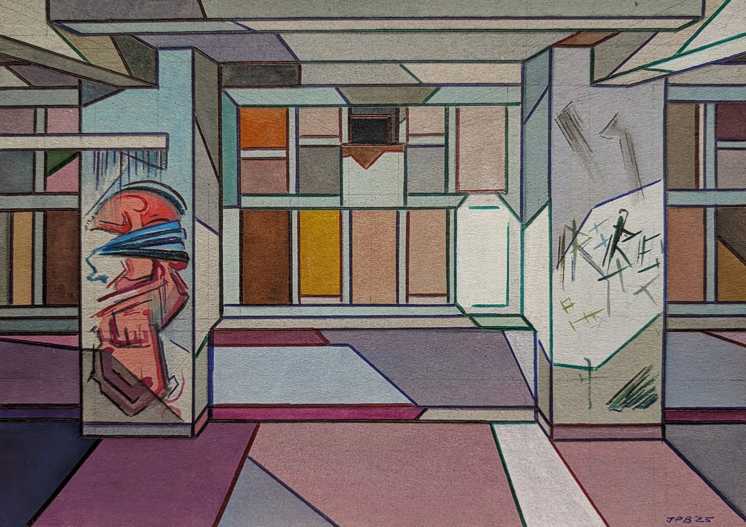 CARDBOARD OBSERVER BUILDING NO. 02 - 2025 - Watercolour and biro on cardboard - Painting H: 21cm X W: 30cm (Framed size - H: 30cm X W: 42cm) - £200