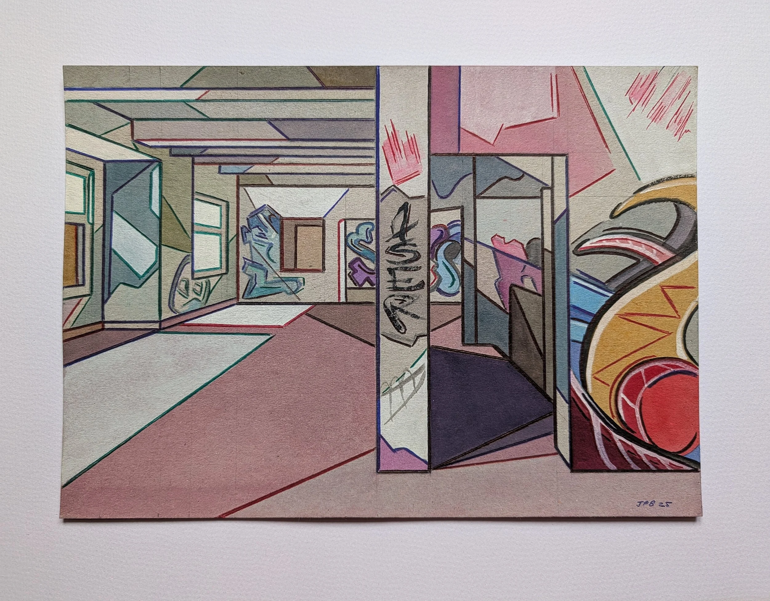 CARDBOARD OBSERVER BUILDING NO. 03 - 2025 - Watercolour and biro on cardboard - H: 21cm X W: 30cm - £200