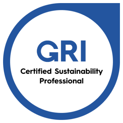 GRI Certified Sustainability Professional logo with blue and white design.