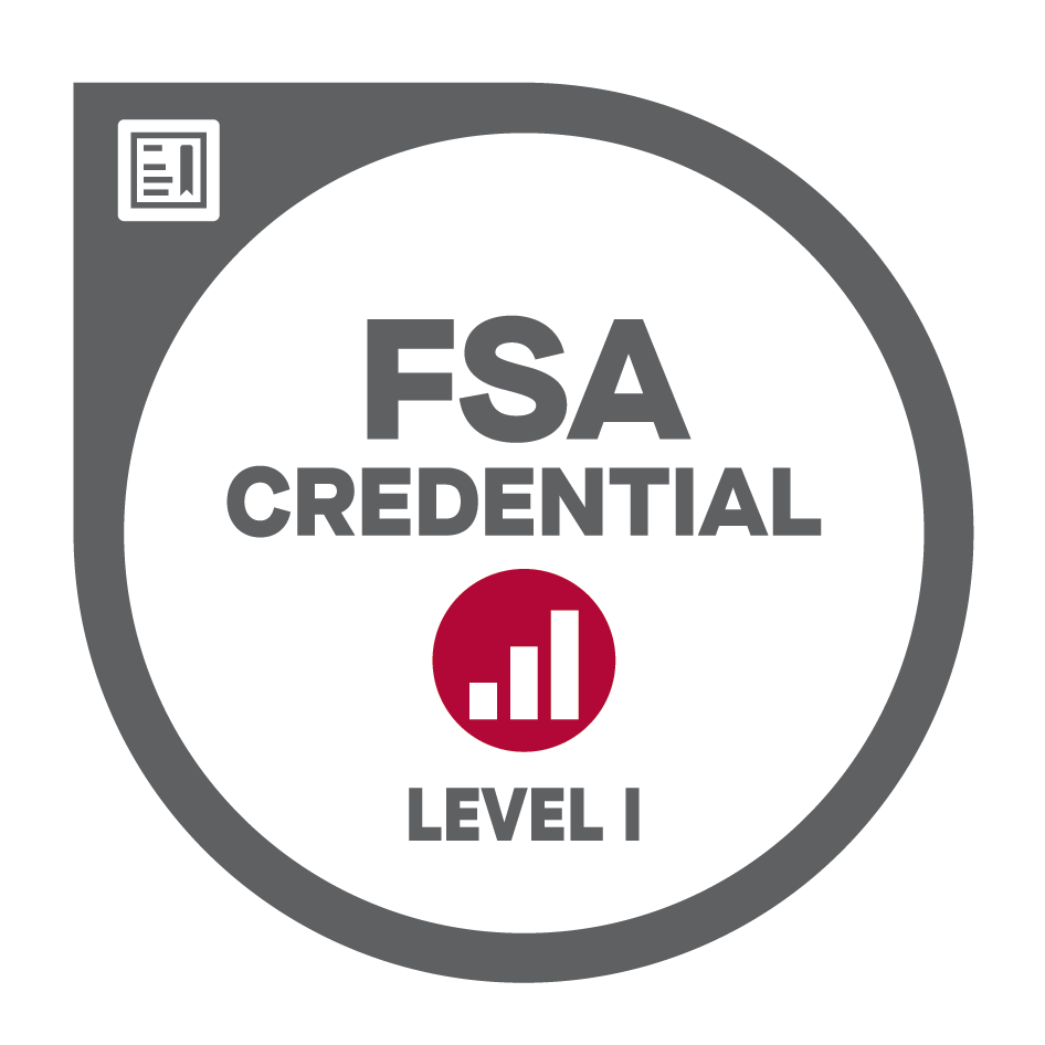 FSA Credential Level 1 badge with a grey, white, and red color scheme, featuring a bar graph icon.