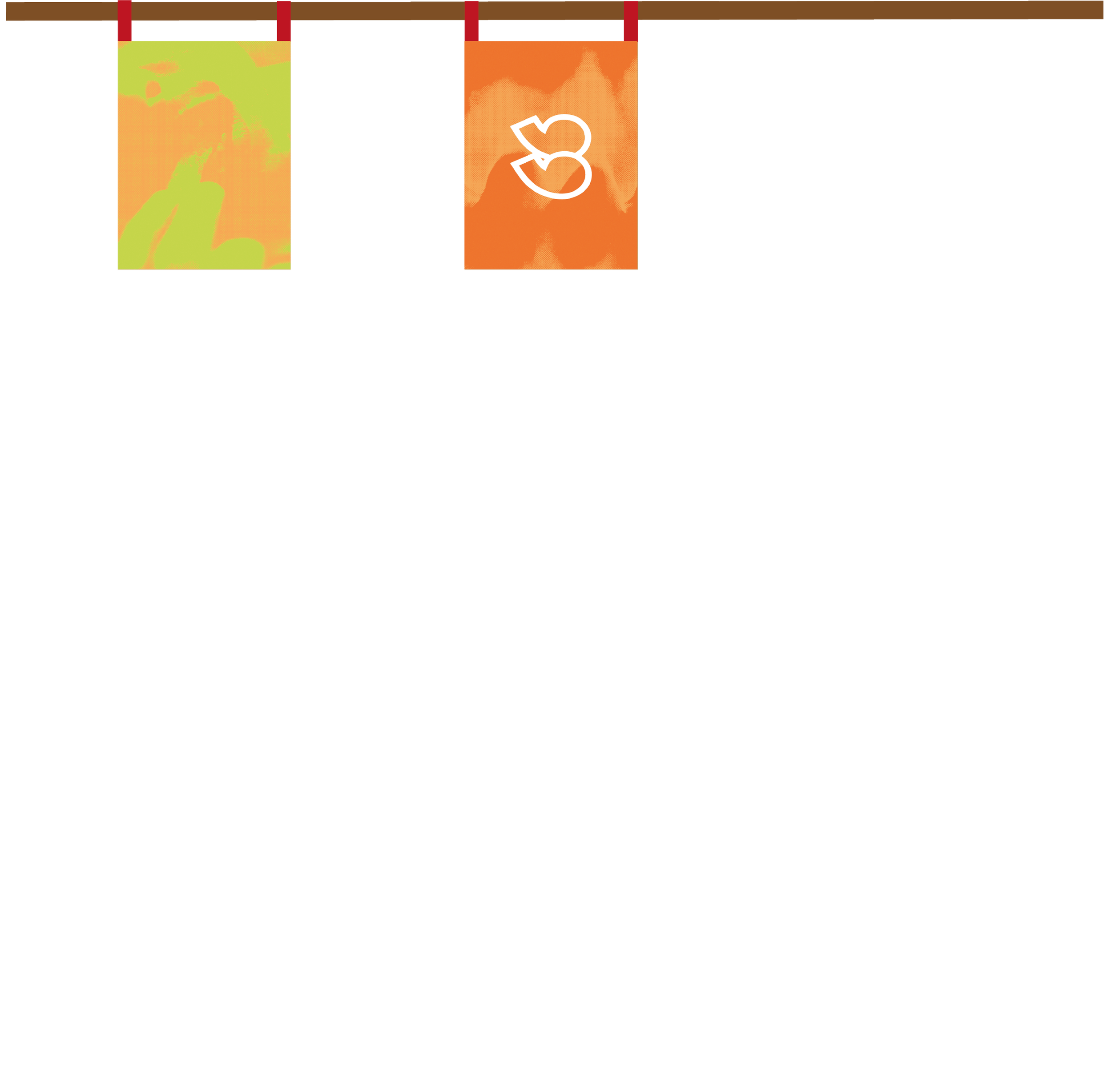 Three colorful banners hanging from a red string, with abstract and leaf designs in green, orange, and peach tones.