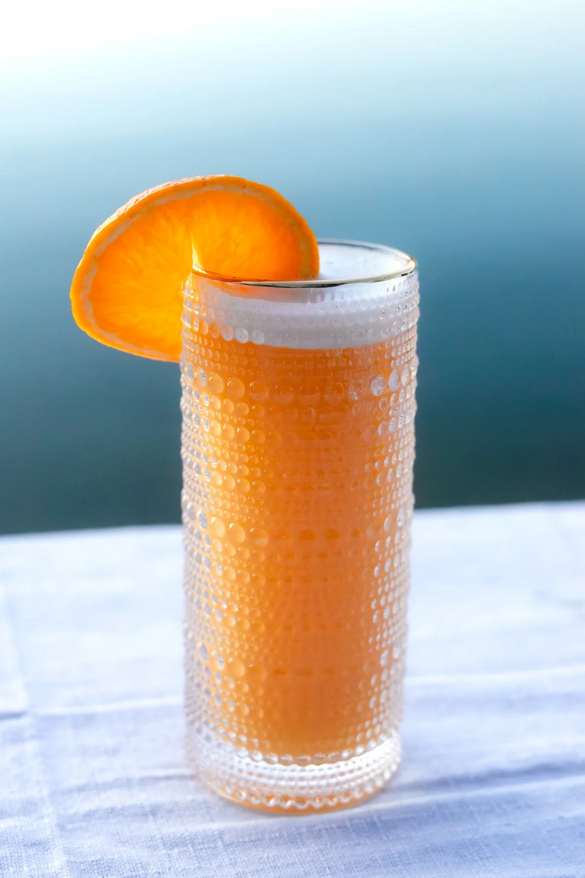 A tall glass of orange juice garnished with a slice of orange on the rim, against a blurred background.