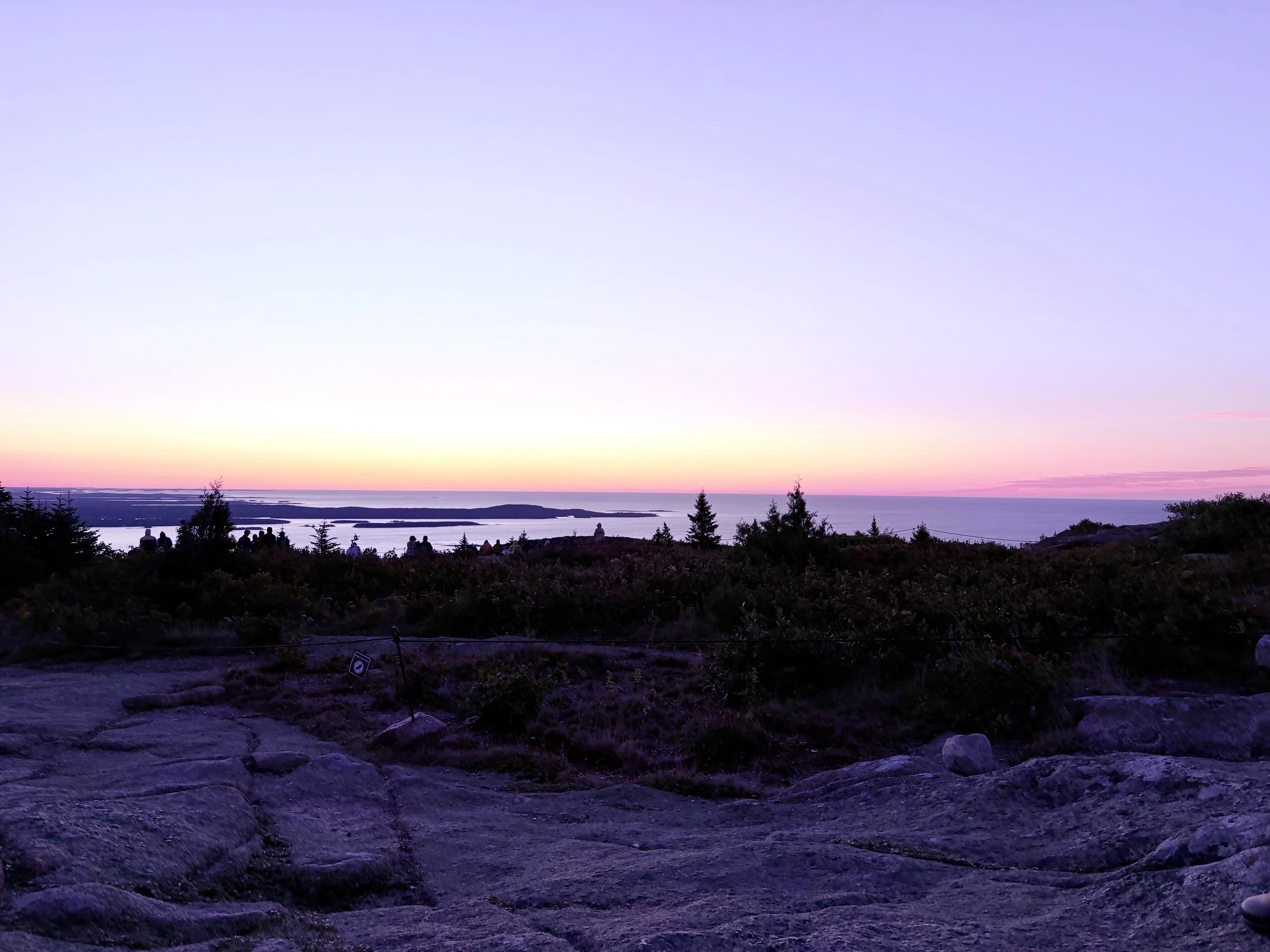 A scenic view of a sunset over a body of water with a sky fading from pink to purple, and silhouettes of trees and people watching the sunset from a rocky hillside.