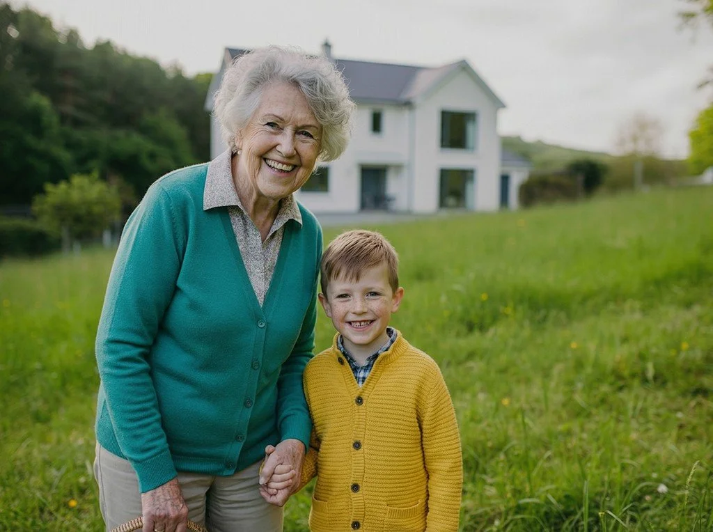 An elderly woman with gray hair and a young boy with short red hair standing outdoors on a grassy field, holding hands, smiling, with a white house and trees in the background.