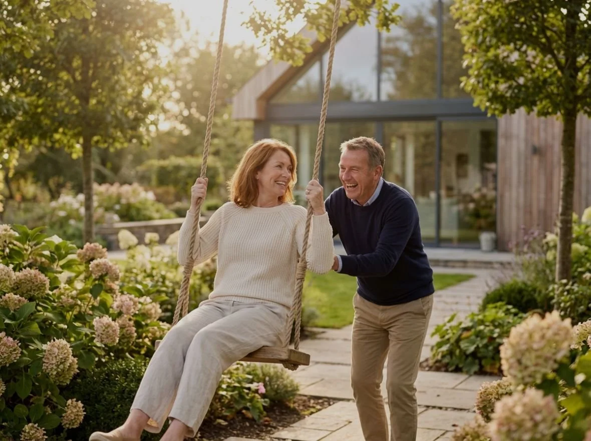 A smiling woman on a swing in a garden, being pushed by a smiling man, during sunlight.