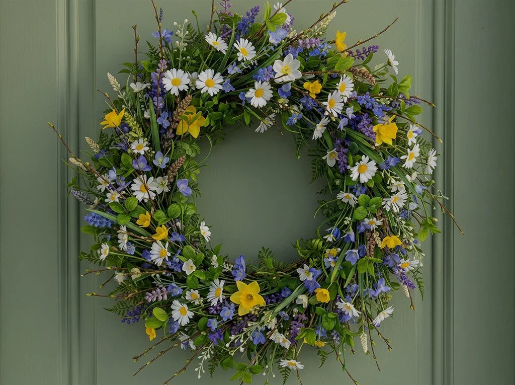 A floral wreath made of various flowers including daisies, yellow daffodils, bluebells, and greenery, hanging on a pastel green door.