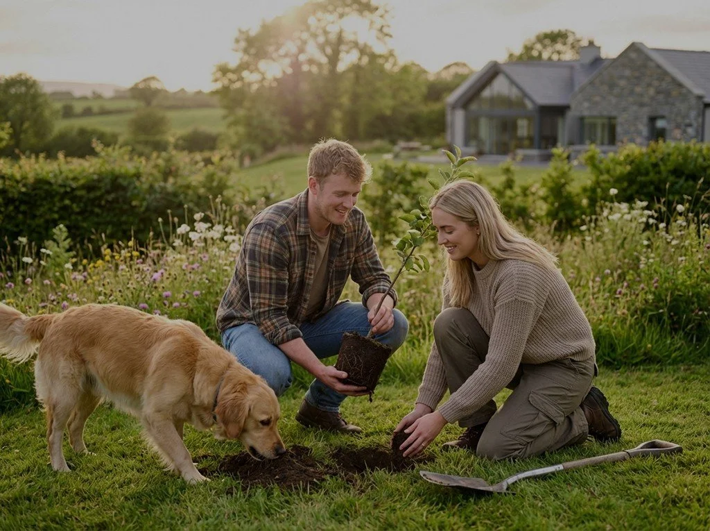 A man and woman planting a tree together in a garden during sunset, with a dog nearby and a house in the background.