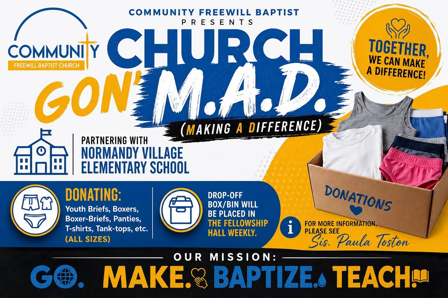 Community Freewill Baptist Church has partnered with the Normandy Village Elementary School to be a blessing to the students as well as the faculty in our endeavor to reach our community and assist our future leaders with their needs to ensure that t