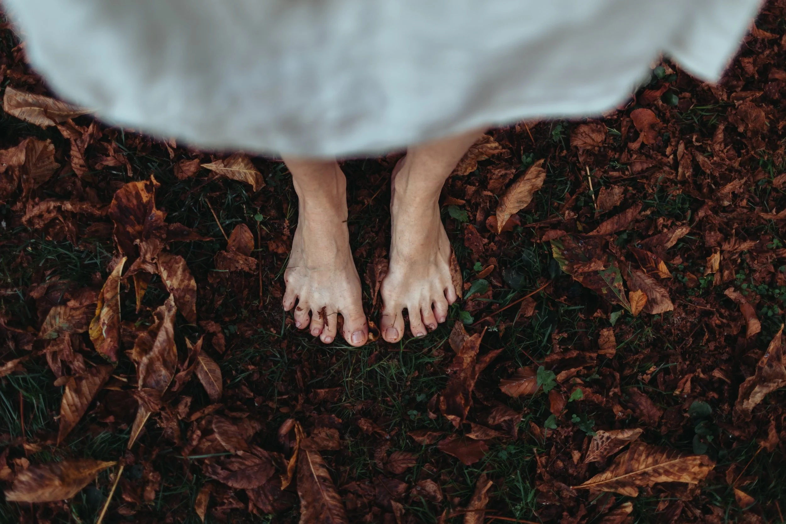 Bare feet standing on a carpet of autumn leaves