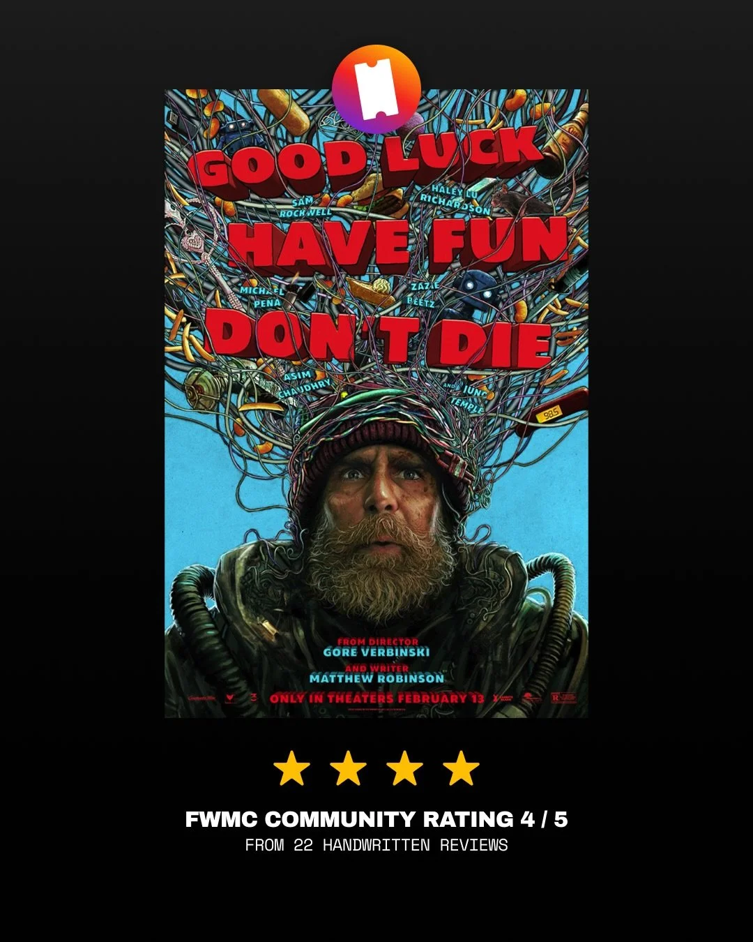 Community rating for Good Luck, Have Fun, Don&rsquo;t Die is in at 4/5 stars!

The community thought this film was a funny and energetic movie. While some felt the pacing lagged in spots and a few plot points could have been tighter, the overall cons