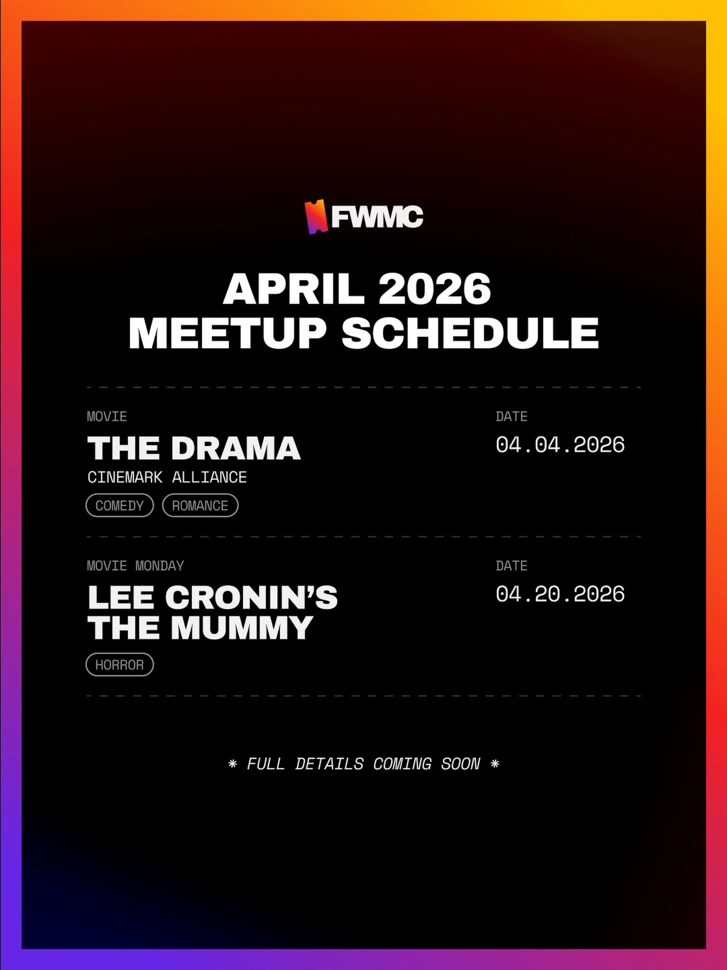 April schedule is live! Looking forward to these meetups 🍿

What movie are you most excited for?