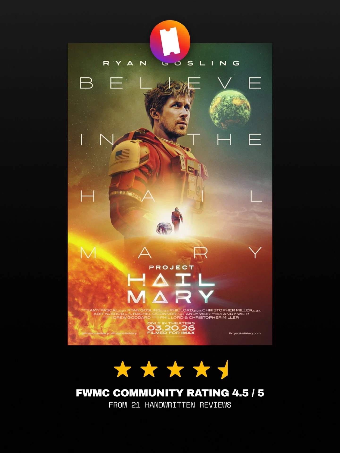 Project Hail Mary - 4.5/5 stars from 21 handwritten reviews at our last meetup.

&ldquo;Amaze! Amaze! Amaze!&rdquo;

Our members loved this film and were captivated by its storytelling, compelling characters, and emotional depth. The visuals and scor