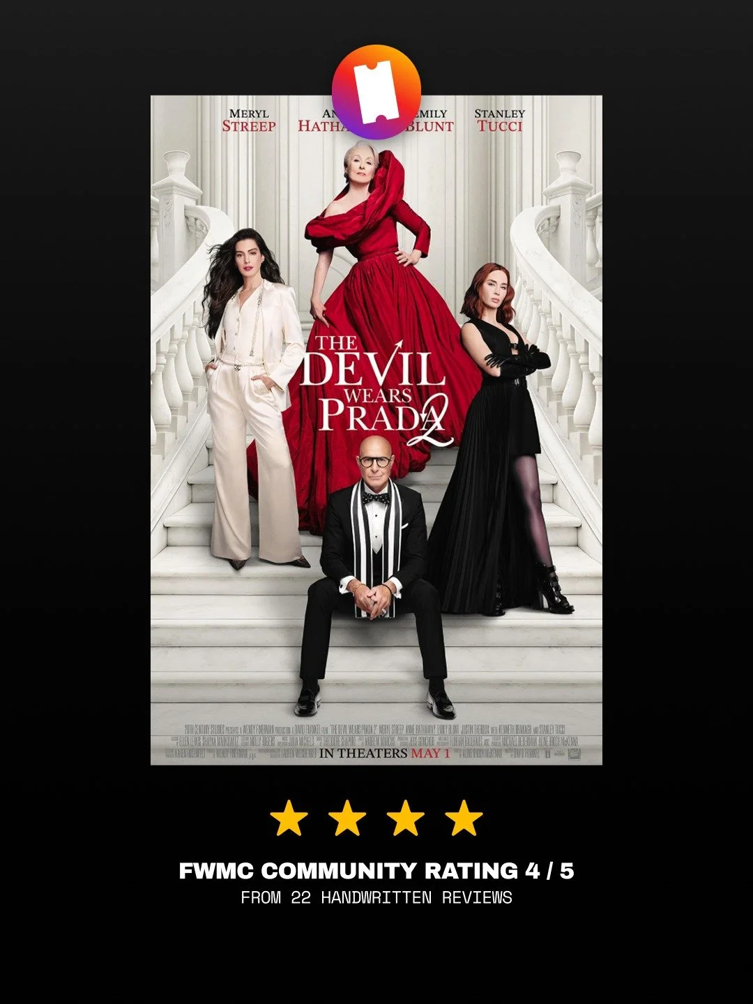 Reviews are in from last night's meetup to watch The Devil Wears Prada 2!

With 22 reviews, this one came in at 4/5 stars.

"Everyone was so fabulous and gorgeous."

Overall, our community thought this was a great sequel that was fun to wat