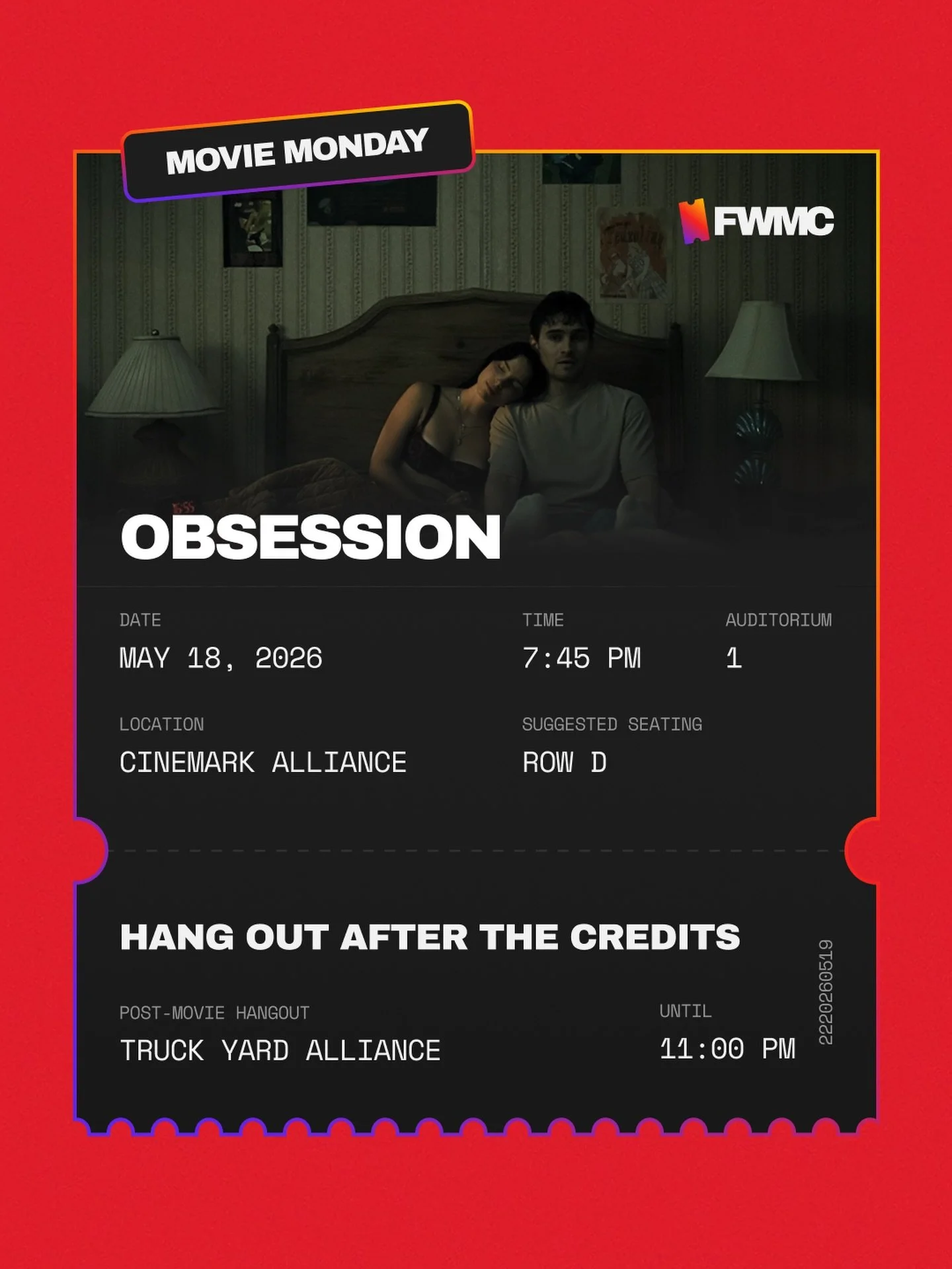 May&rsquo;s Movie Monday is scheduled!

Come watch Obsession with your cool new movie club friends on Monday, May 18th at @cinemark Alliance! Showtime starts at 7:45 PM.

After the movie, we&rsquo;ll head over to @truckyardbar to hang out and talk ab