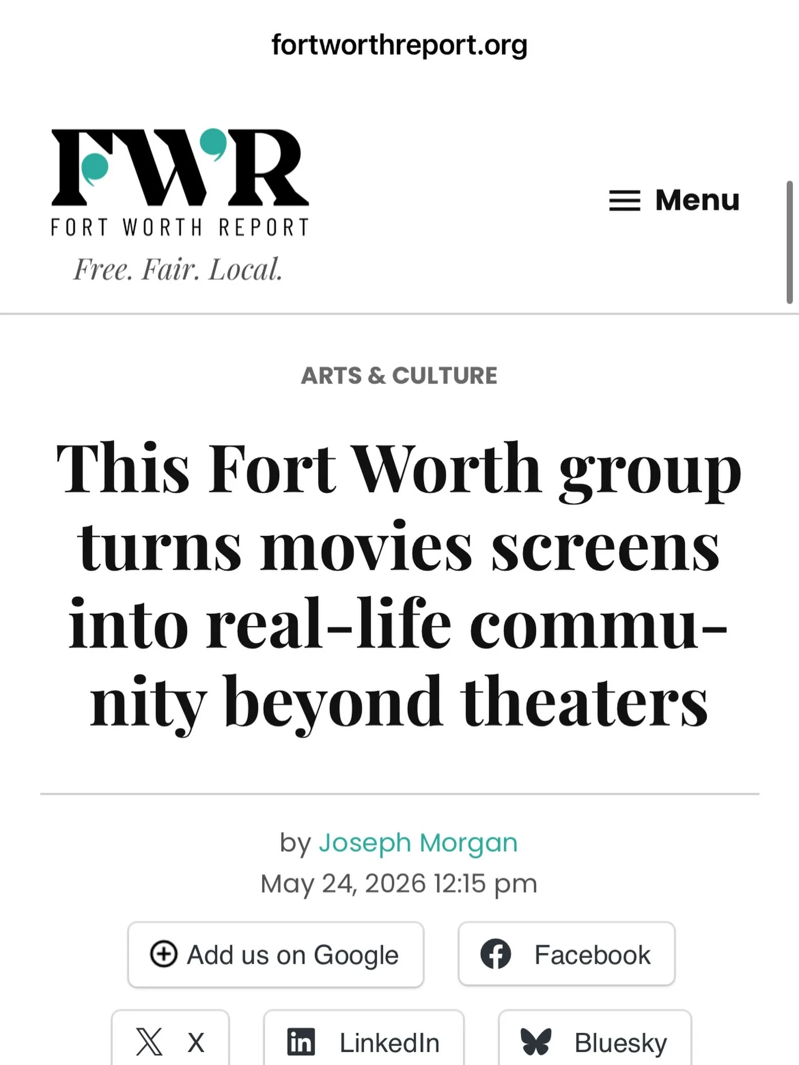 We just got in the news! @fortworthreport 

I&rsquo;m so thankful for everyone who has attended a meetup. It&rsquo;s been so fun getting to know all of you &amp; hear your stories.

Movies are better together!