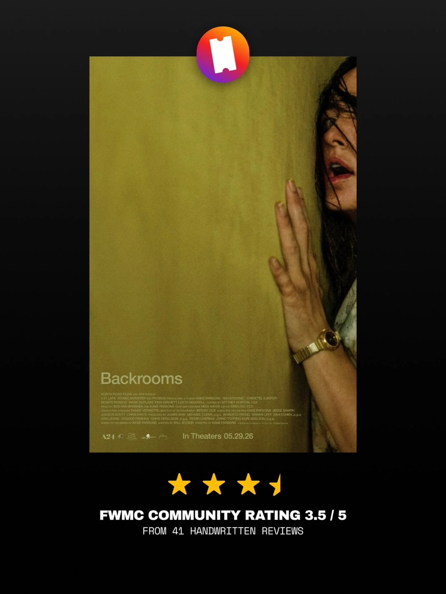 The verdict is in! Backrooms came out to a 3.5/5 stars across 41 reviews. Our community really enjoyed the set design, cinematography, and amazing acting. But, felt like the second half of the movie was abrupt and most members wished for deeper chara