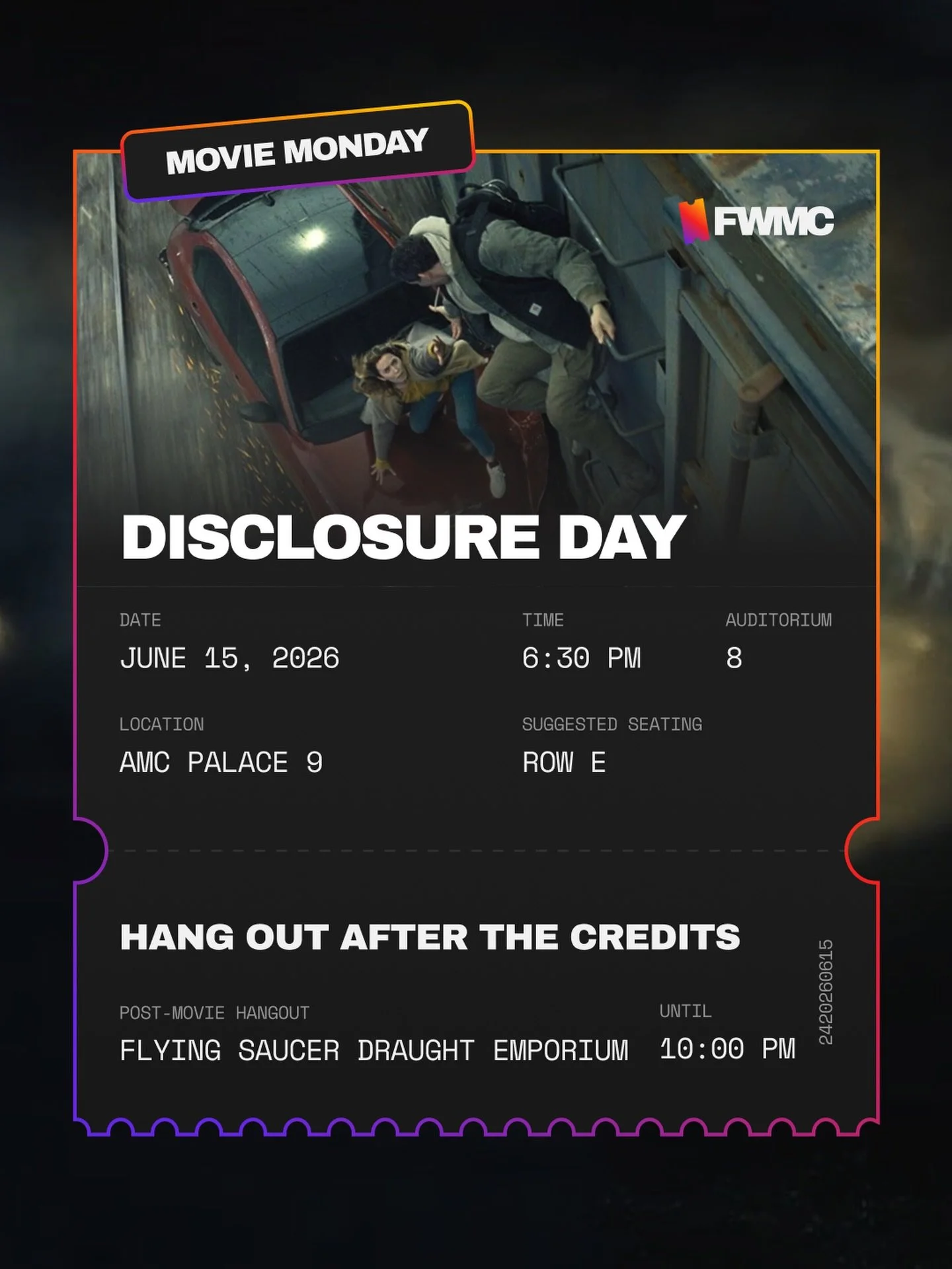 Come hangout with your new movie obsessed friends at AMC Palace 9 on Mon, June 15, for Disclosure Day! Showtime starts at 6:30. After the movie, we&rsquo;ll head on over to Flying Saucer to talk about the movie &amp; make conversation.