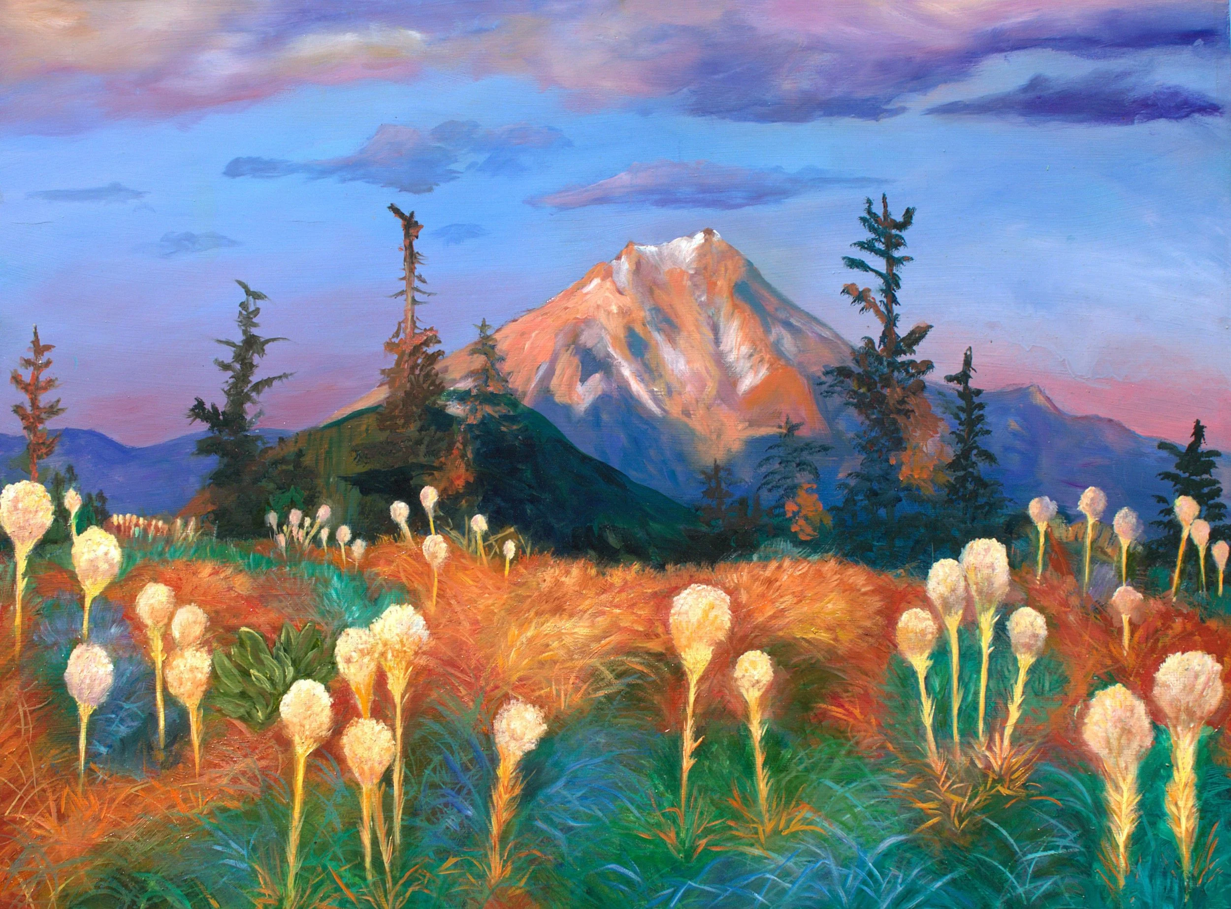 "Mt. Hood Illuminated" A Surreal Pacific Northwest Bear Grass Vista/ Oil on canvas / 40 x 30 in. / 

$1,800.00