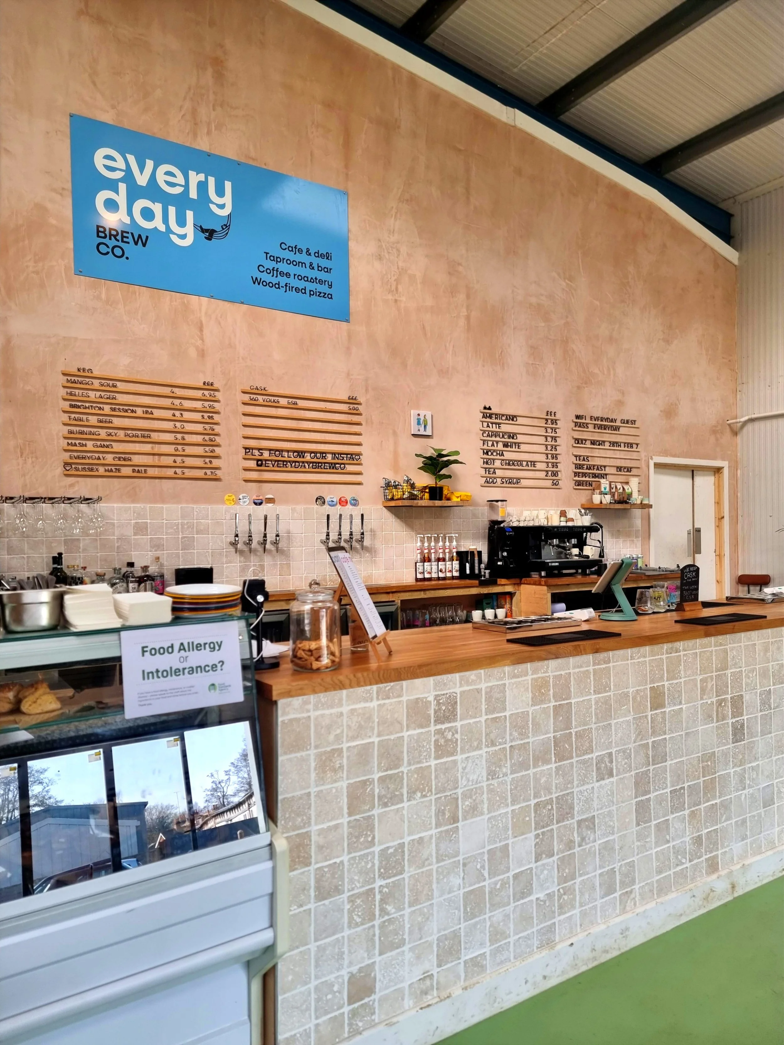 The bar inside the taproom, with a range of beers, wines and soft drinks