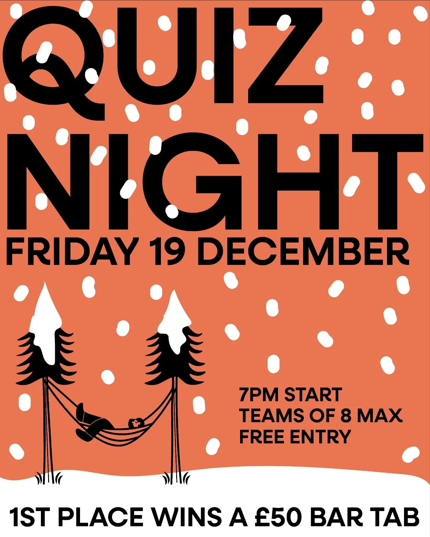 Quiz nights are back baby! We're kicking off on Friday 19th December with a special Christmas themed quiz for you all.

Please arrive in good time for a 7pm start, entry is free and there's a &pound;50 bar tab to be won! Teams of 8 people max and Chr