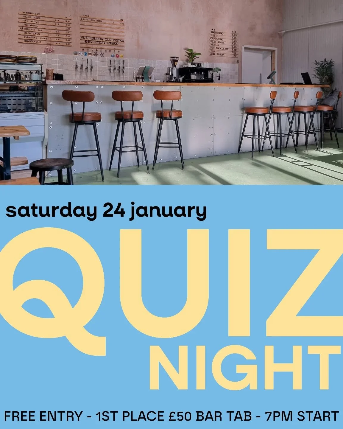 Our first quiz of the year is taking place next Saturday 24th January! Book via our website to secure your place, its free! 

⏰️ 7pm start 
👨&zwj;👩&zwj;👧&zwj;👦 Teams of 8 max
💰 &pound;50 bar tab to be won
🍕 Pizzas flowing until 8pm