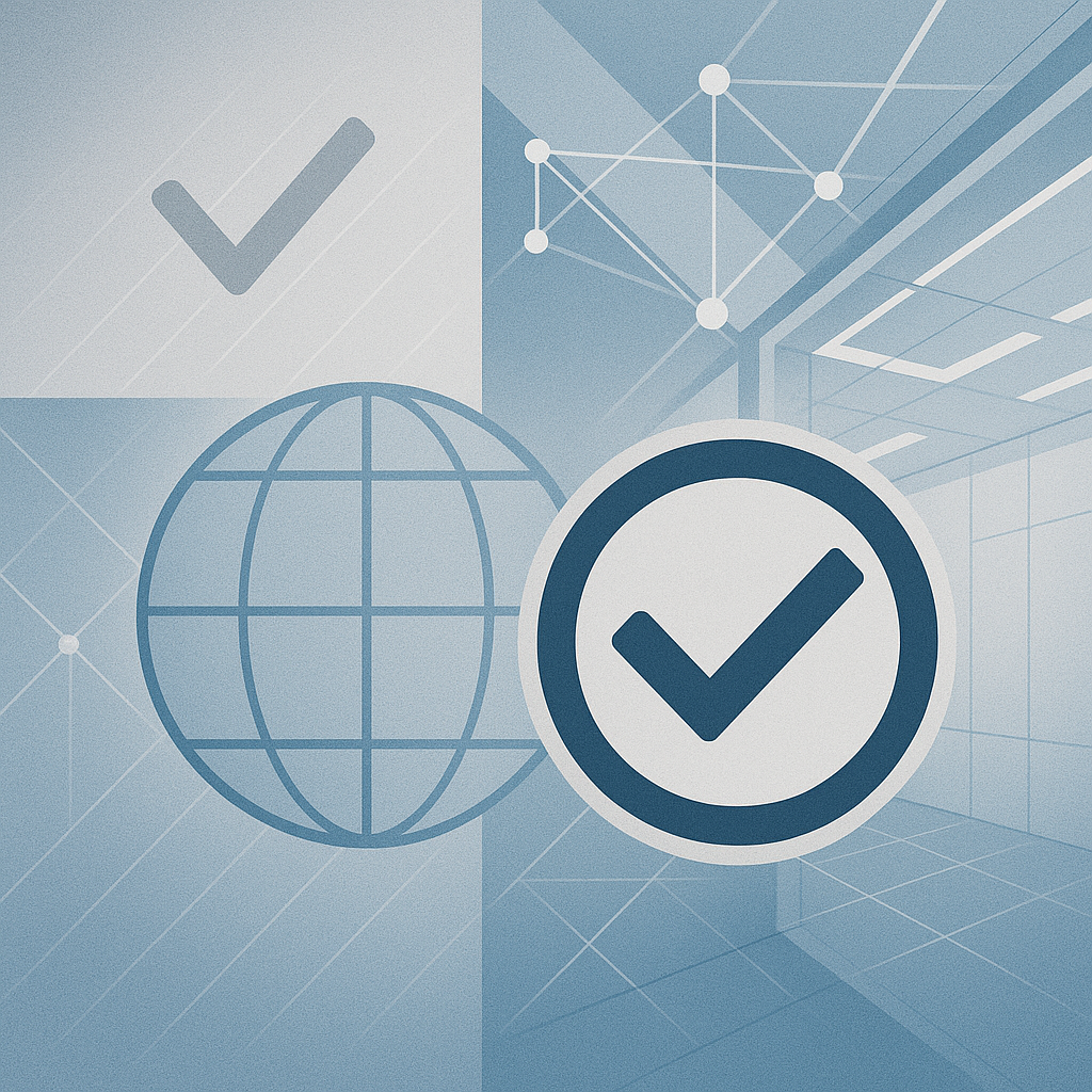 Abstract digital background with globe icon, check mark symbols, and network graphics.