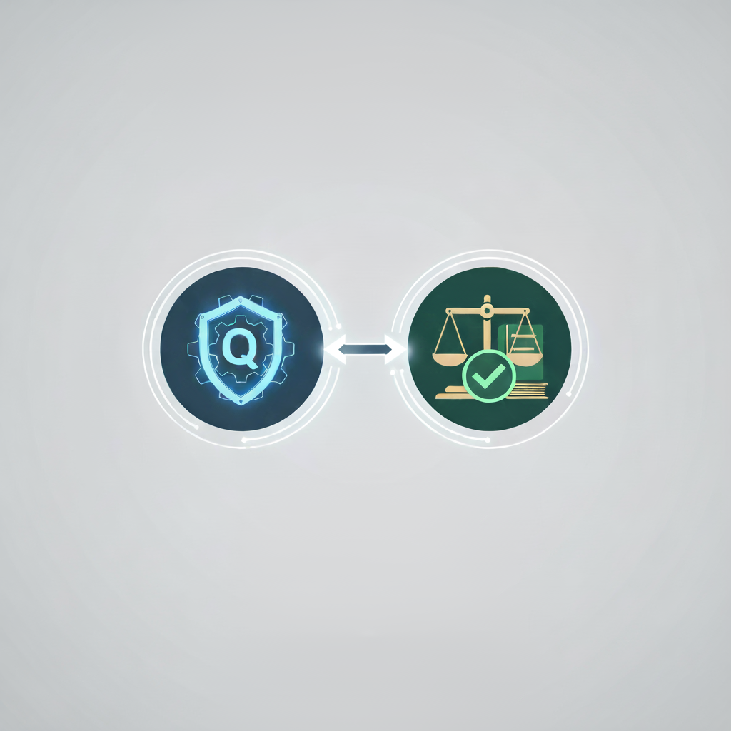 Digital icons of a shield with a Q and a balance scale with a check mark connected by an arrow.